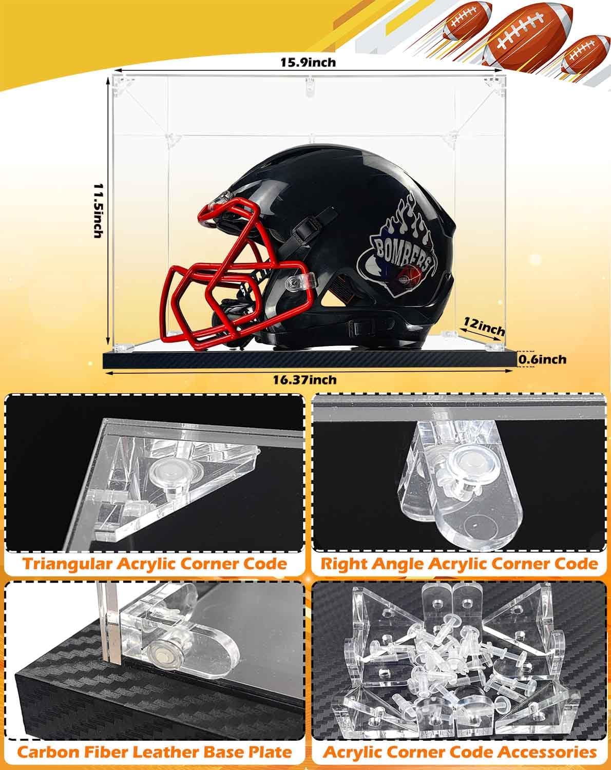 Clear Helmet Display Case Football Helmet Display Case Full Size Acrylic Helmet Case with Mirror & Carbon Fiber Skin Base, Basketball Helmet Sneakers UV Protection Memorabilia Collectibles Showcase