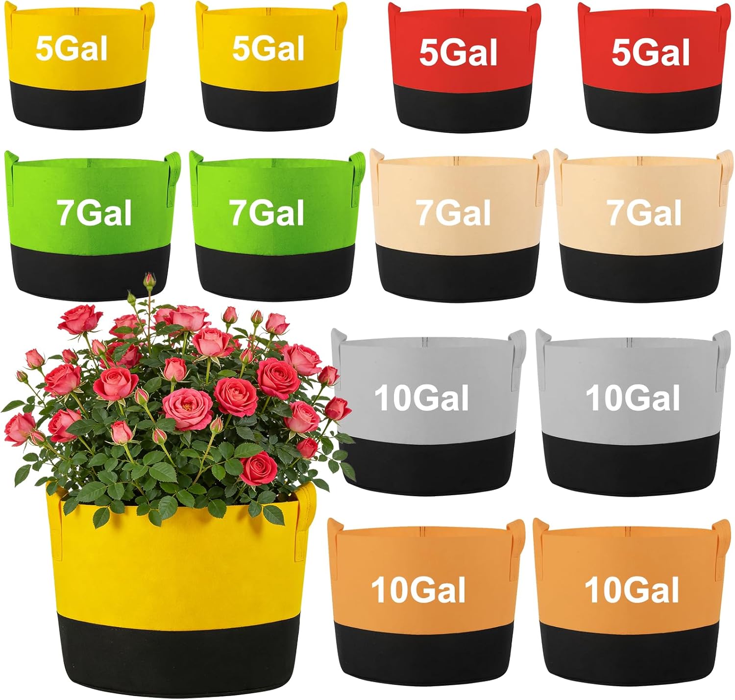 12 Pack Mixed Size Grow Bags, Colorful Fabric Plant Pots with Handles Nonwoven Potato Grow Bags Plant Growing Containers for Garden Fruit Vegetable Flower Indoor Outdoor (5/7/10 Gal)