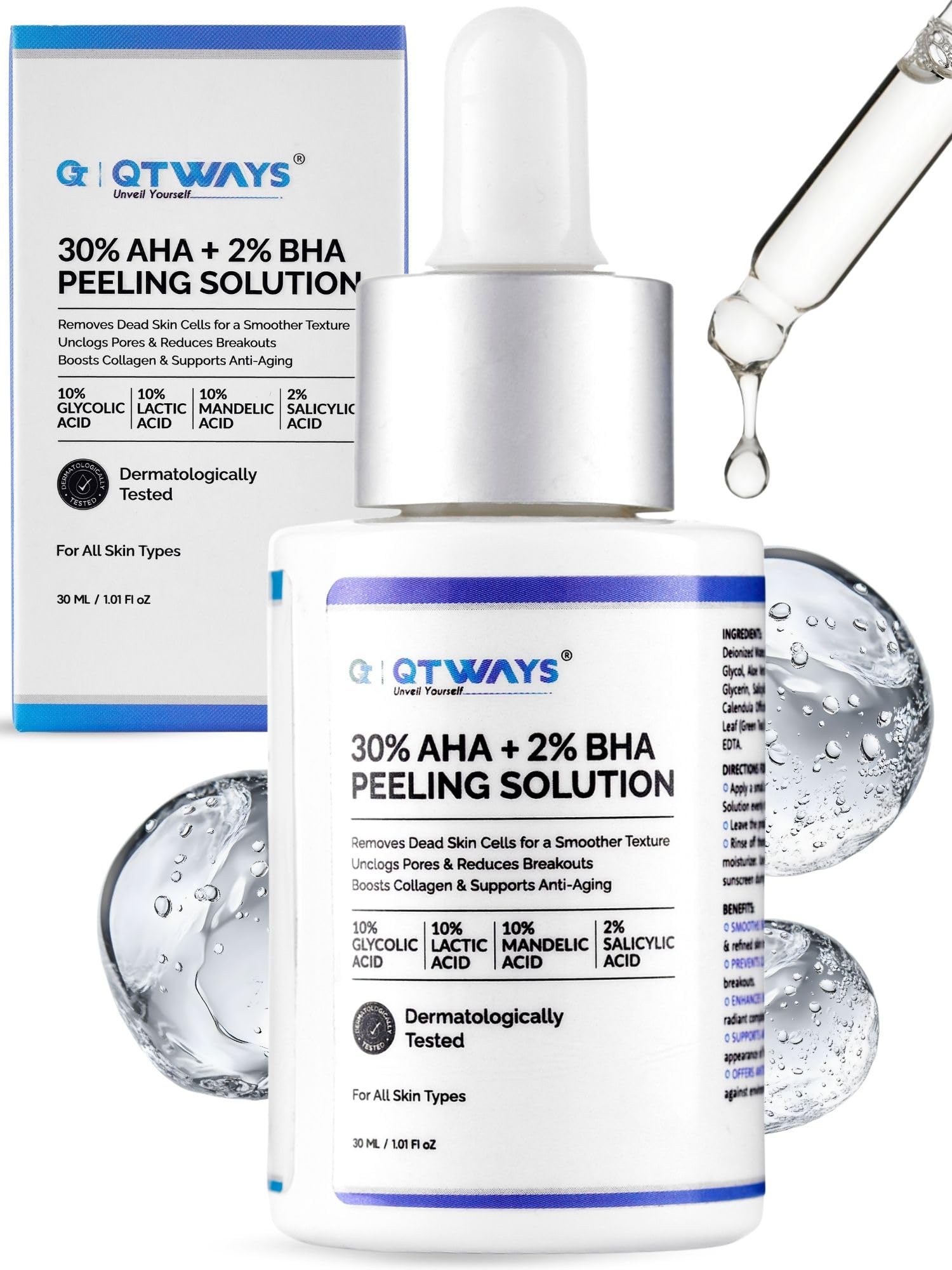 QTWAYS 30% AHA + 2% BHA Peeling Solution 30ml | With 10% Gylcolic Acid + 10% Lactic Acid + 10% Mandelic Acid + 2% Salicylic Acid | Removes Dead Skin Cells Boosts Collagen production