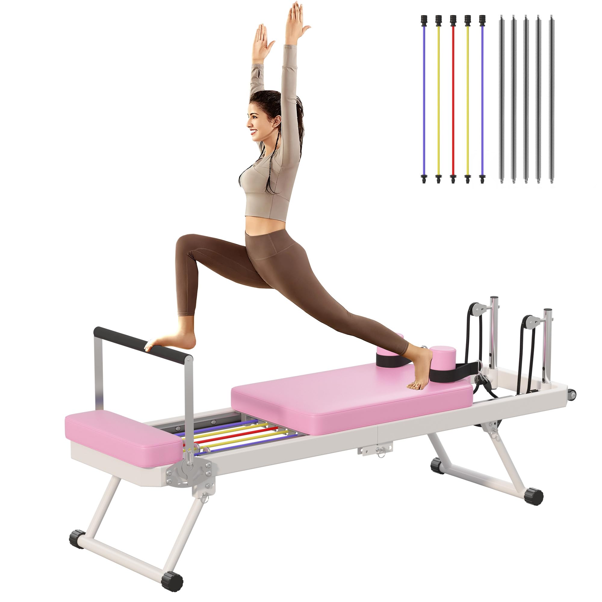 DlandHome Pilates Reformer Machine Foldable Pilates Board for Home Gym Workout Portable Pilates Reformer for Beginner Pink White