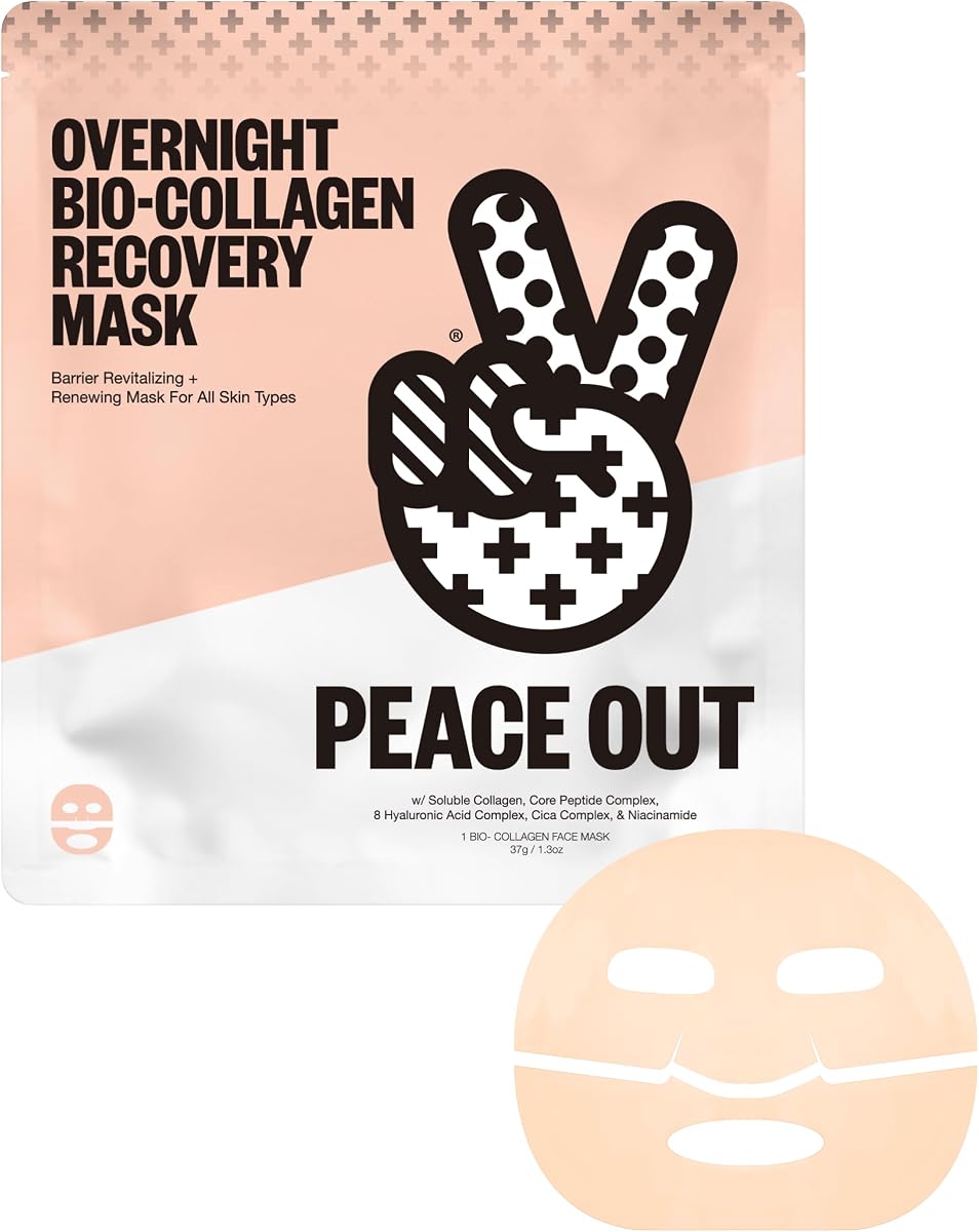 PEACE OUT Overnight Bio-Collagen Recovery Face Mask (1 Count) | Overnight Sheet Mask with Vegan Collagen, Hyaluronic Acid, Cica, and Core Peptide Complex for Skin Revitalizing Hydration