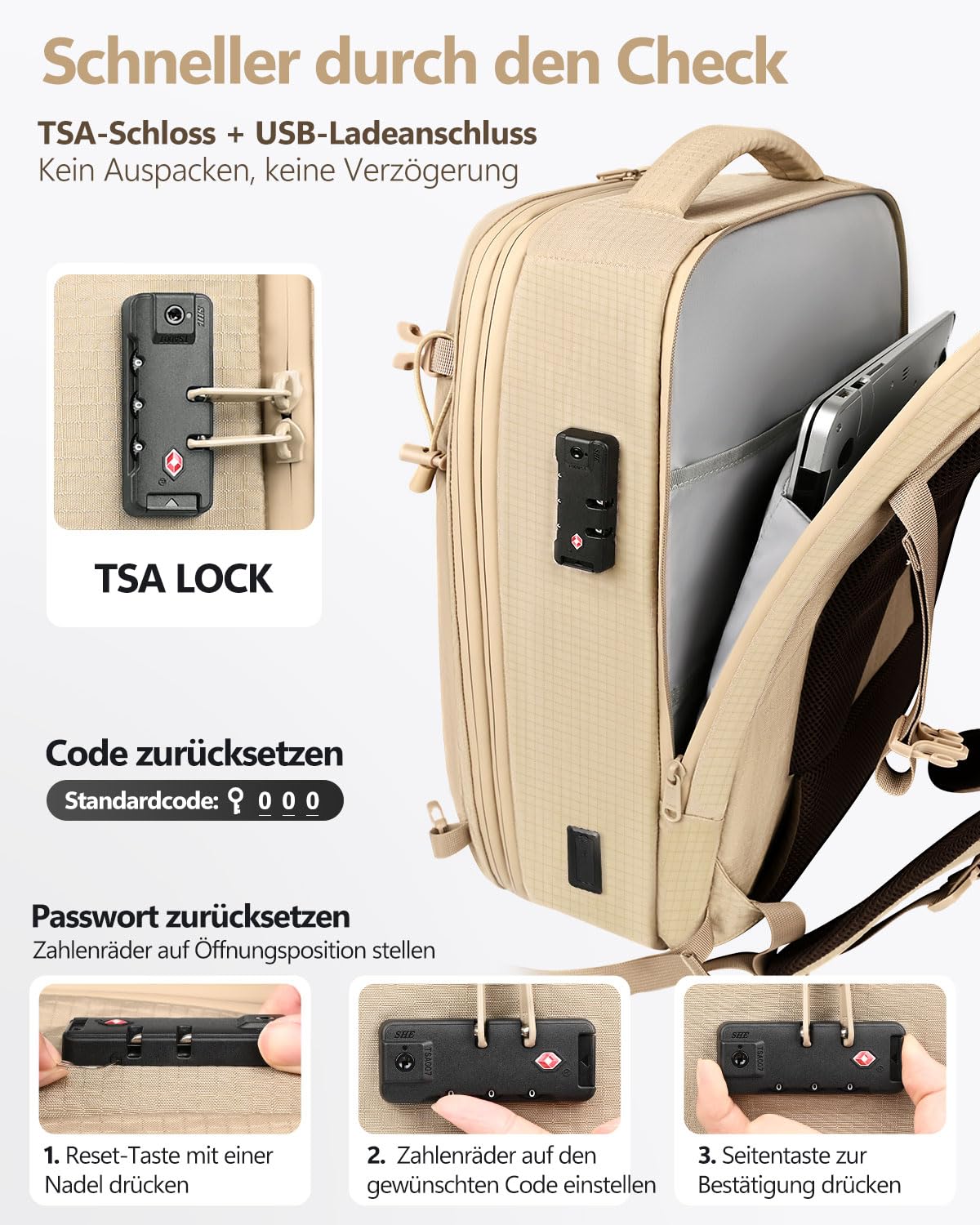 Zurligi Vakuum-Reiserucksack mit Pumpe, 40–70L, Handgepäck, Hüftgurt, Beige | Erweiterbarer Carry-on-Rucksack mit Kompression, TSA-Schloss, abnehmbarem Hüftgurt und wasserabweisendem Design für Reisen