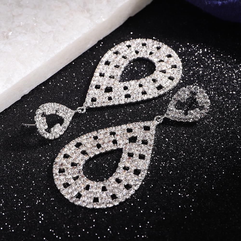 Octwine Boho Women Silver Rhinestone Long Dangle Earrings Sparkly Rhinestone Chandelier Dangle Drop Earrings Bridal Wedding Party Prom Silver Statement Earrings Teardrop Dangle Earrings - Image 3