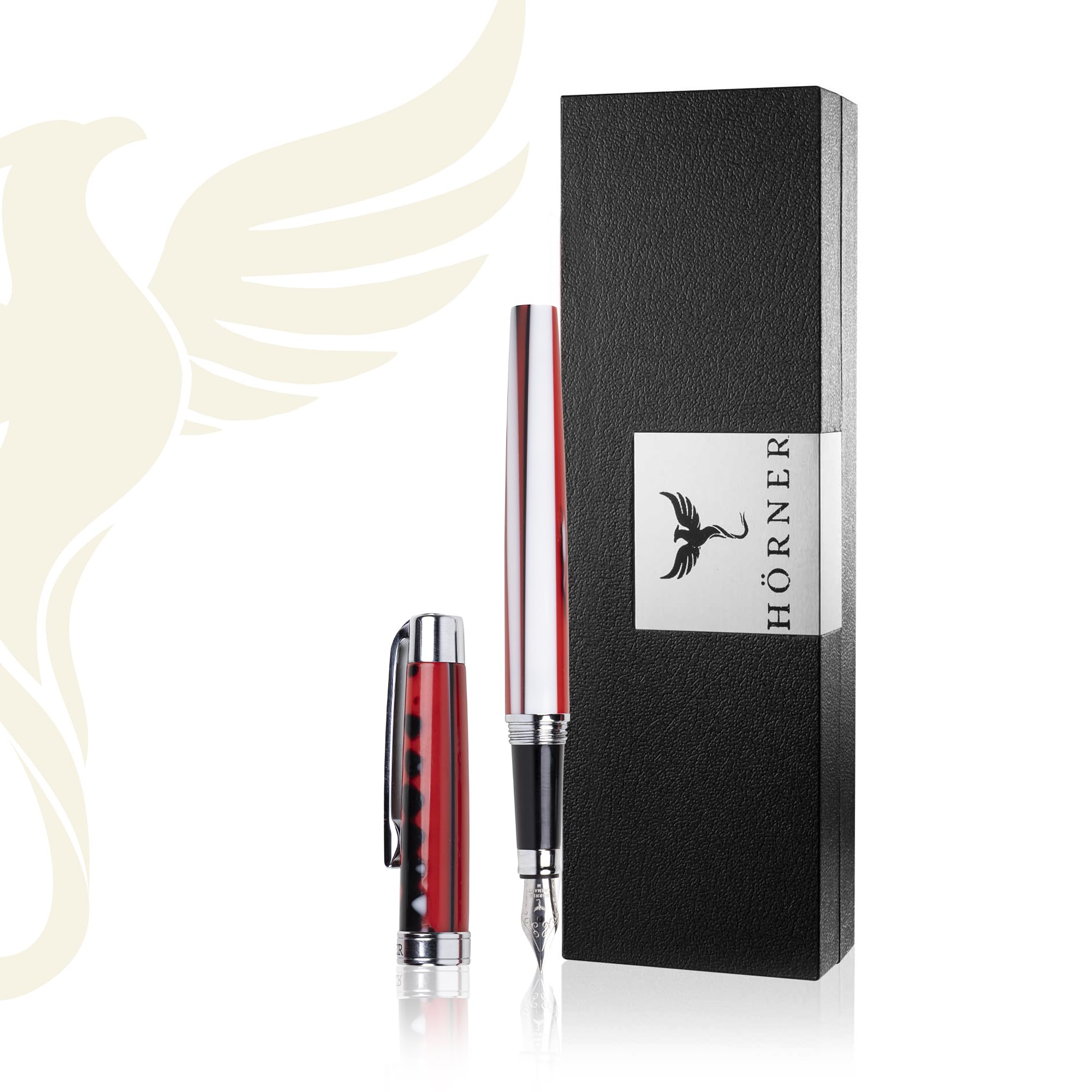 Hörner Vulcanus - Hochwertiger Füllfederhalter I schwarz rot I Premium Geschenkbox I Luxus Design I Edel Feder „Made in Germany“ I Attraktiver Stift für Herren und Damen I fountain pen