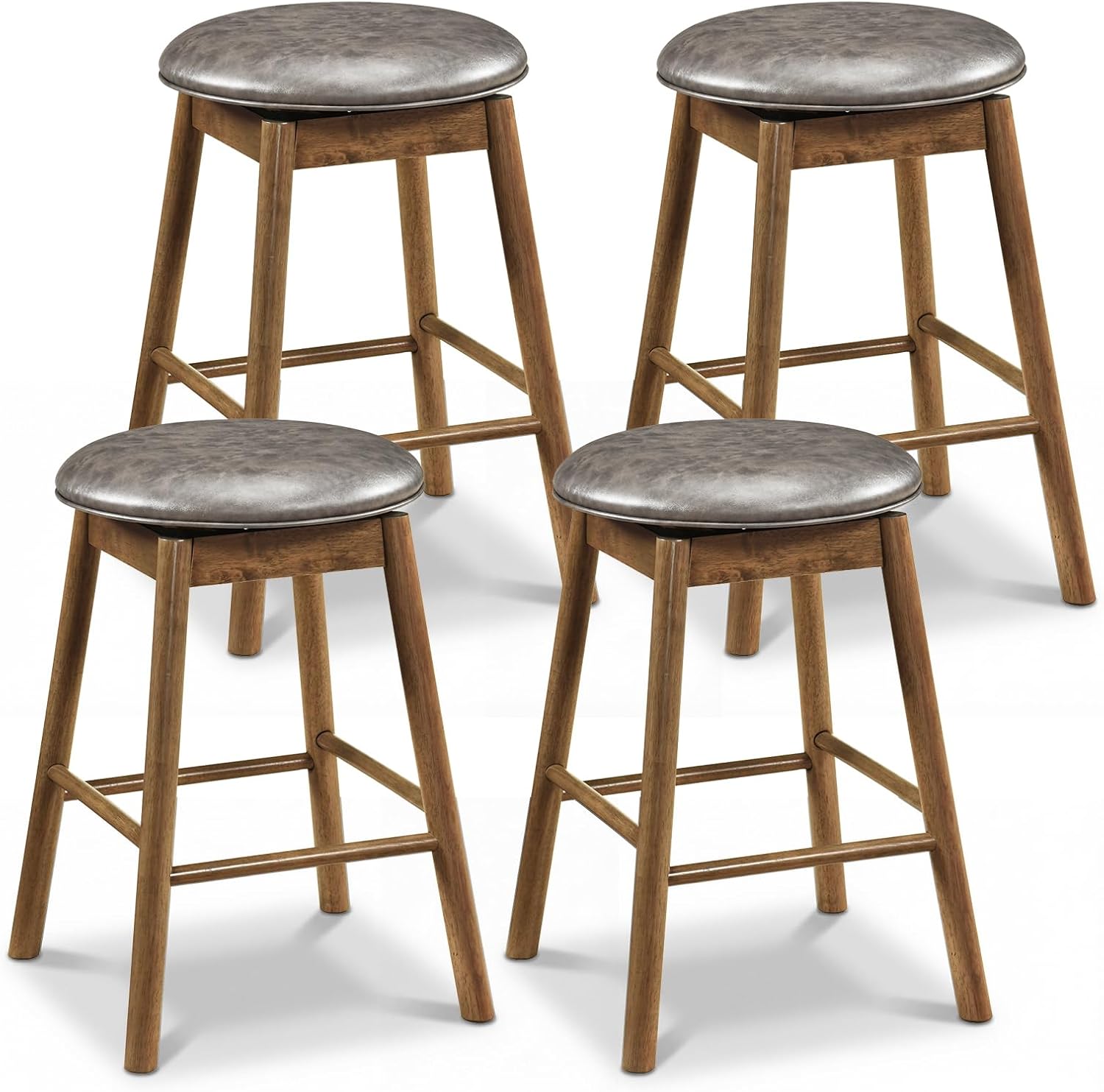 COSTWAY Swivel Wooden Bar Stools Set of 4, Round PU Leather 25-inch Counter Height Chairs with Rubber Wood Frames, Footrests, Upholstered Backless Barstools for Kitchen Island, Grey+Natural