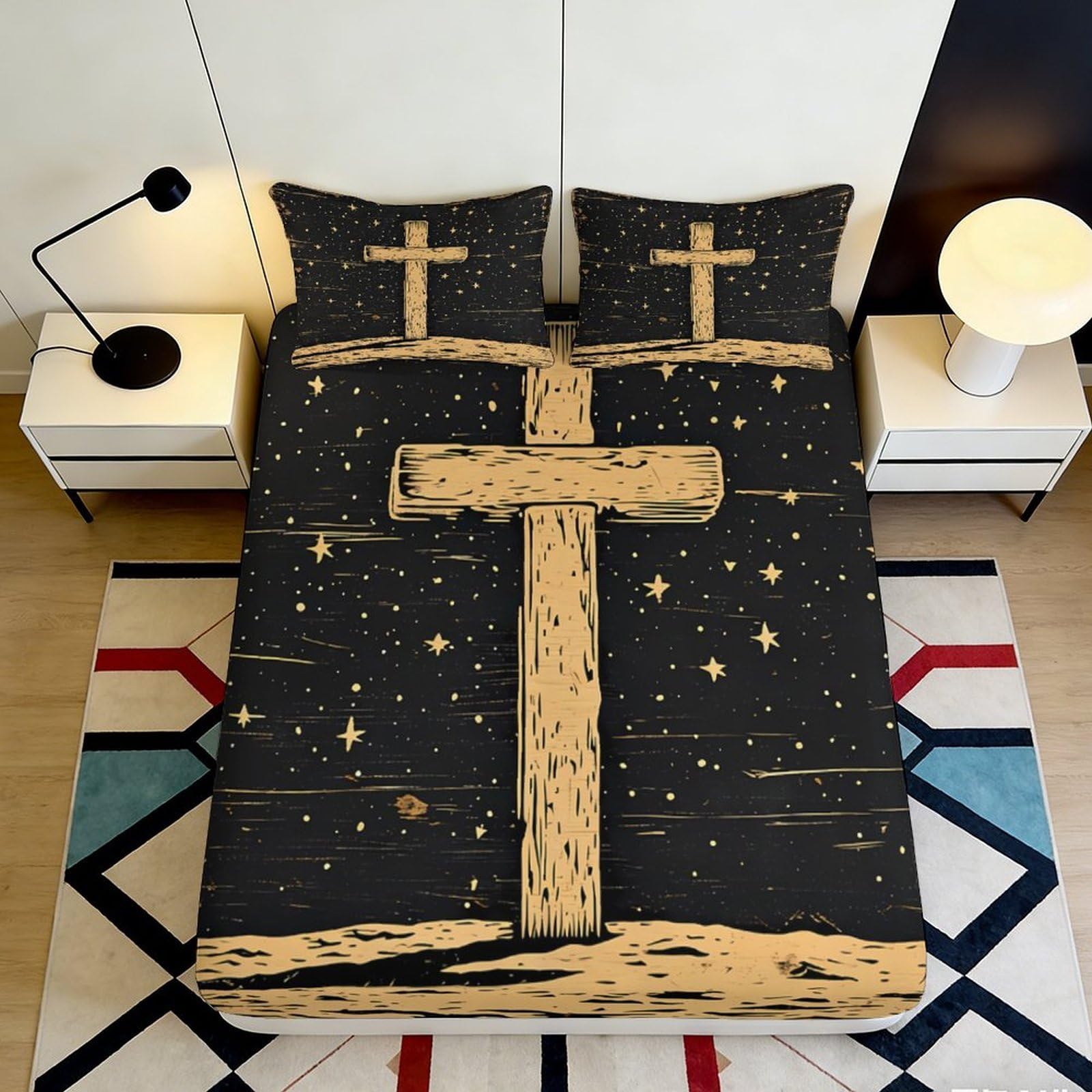 3D Printed Cross Star Night Fitted Sheet Microfiber Soft Breathable Wooden Crucifix Bed Cover for Bedroom Dorm Decor 90x200x25cm