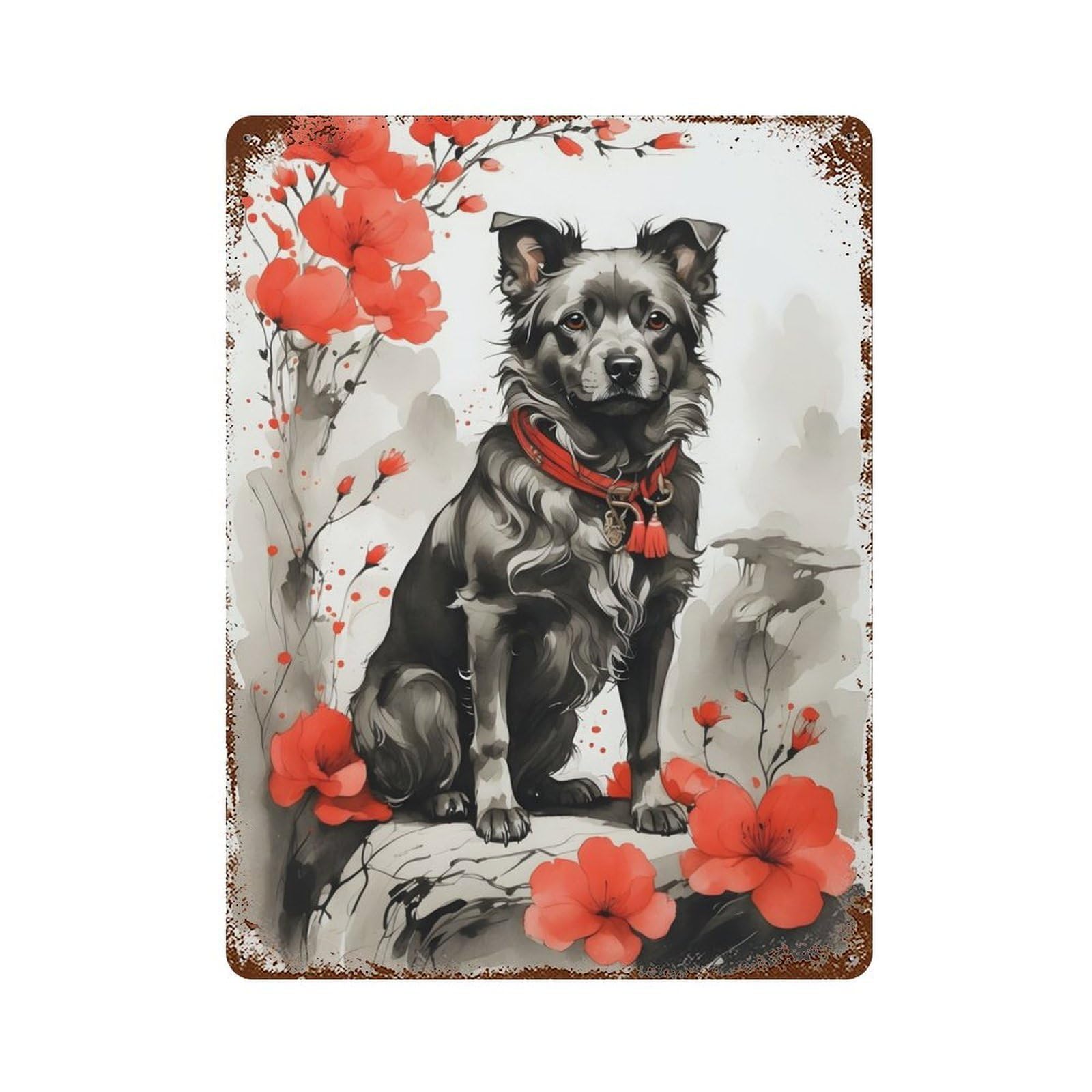 Dog Ink Japanese Style Decorative Tin Sign 15.7"x11.8", Retro Wall Decor for Living Room, Hallway And Home Decor