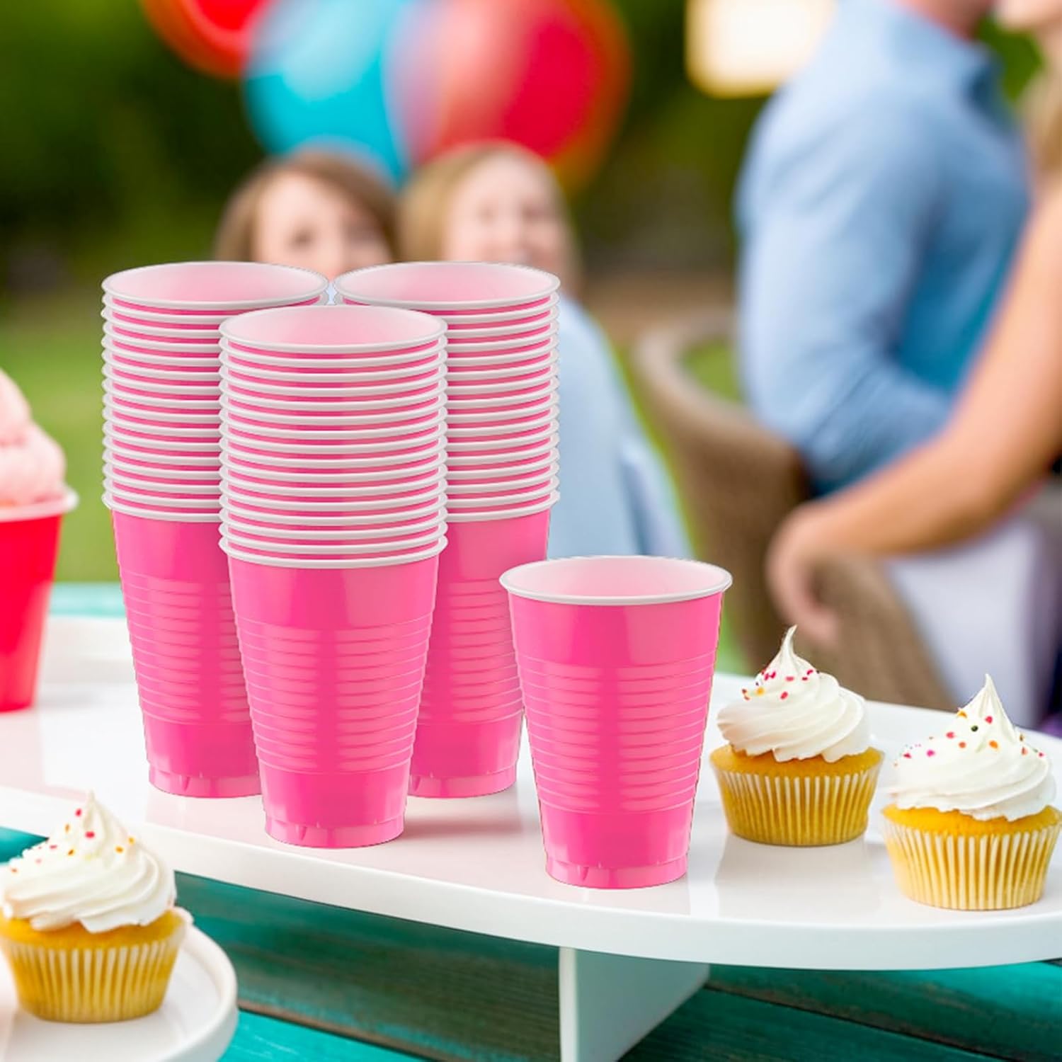 Amscan Premium Bright Pink Plastic Cups (12 oz) 50 Count - Stackable, Heavy-Duty & Eco-Friendly Party Drinkware, Vibrant Color & Ultimate Durability