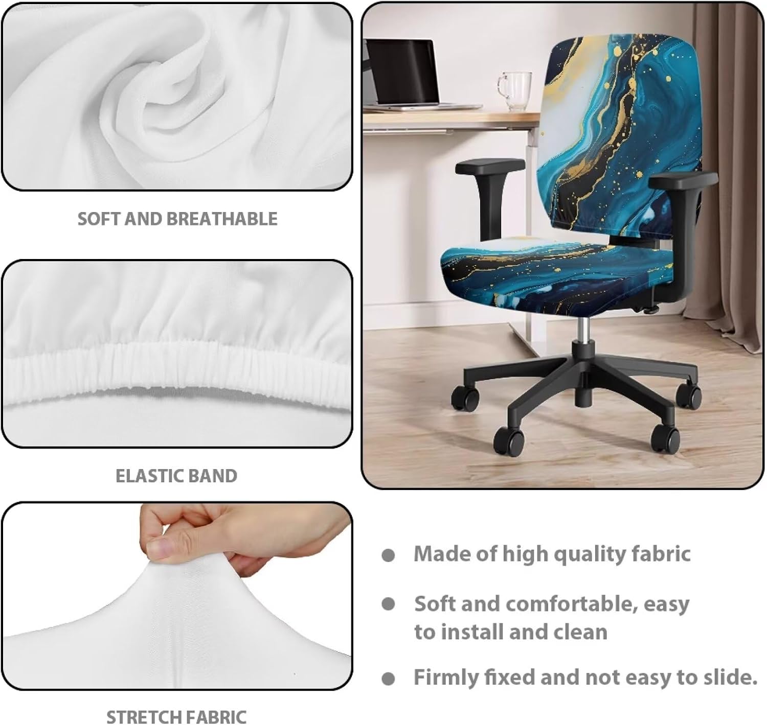 Blue Marble Print Seat Covers for Chairs Protective Stretch Decorative Fabric Cover Easy to Install Seat Cushion Split Protectors Lightweight Computer Office Chair Cover