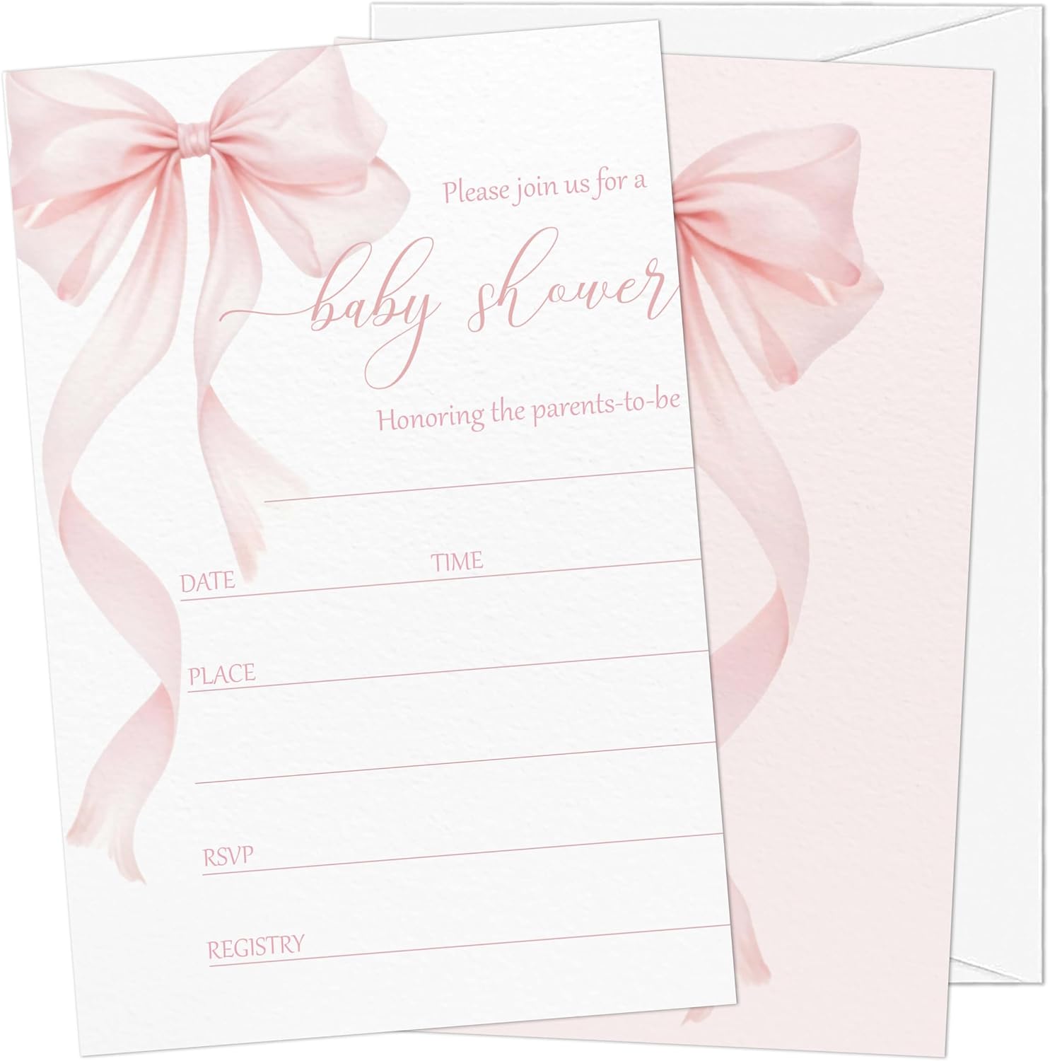 Baby Shower Invitations for Girl, 25 Pink Bow Double-Sided Gender Reveal Invites with Envelopes, Bowknot Invitation Cards for Party Favor Decorations -A08