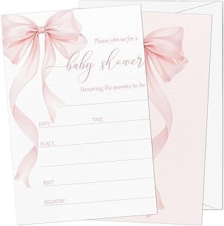 Baby Shower Invitations for Girl, 25 Pink Bow Double-Sided Gender Reveal Invites with Envelopes, Bowknot Invitation Cards for Party Favor Decorations -A01