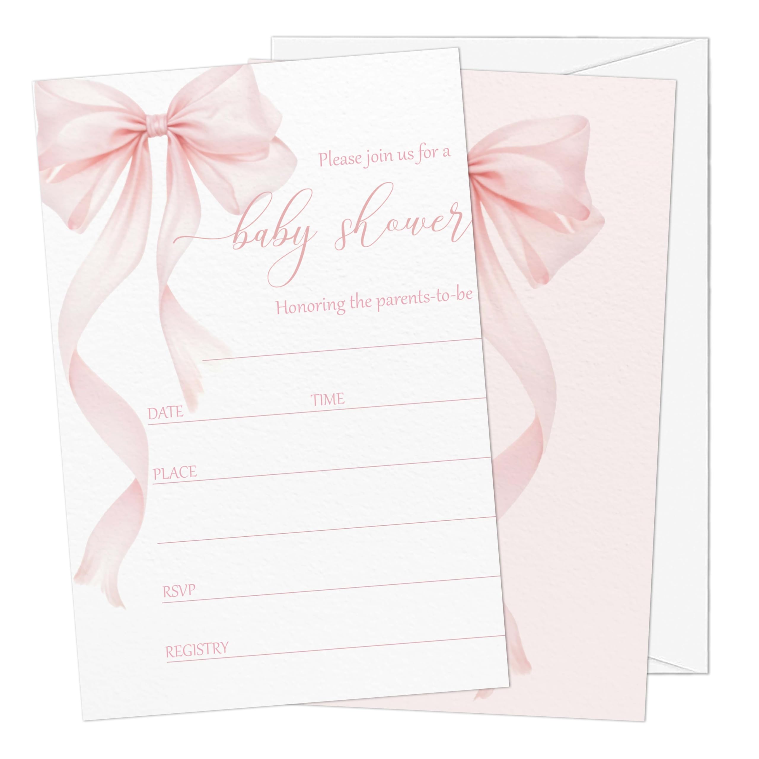 Gsauto Baby Shower Invitations for Girl, 25 Pink Bow Double-Sided Gender Reveal Invites with Envelopes, Bowknot Invitation Cards for Party Favor