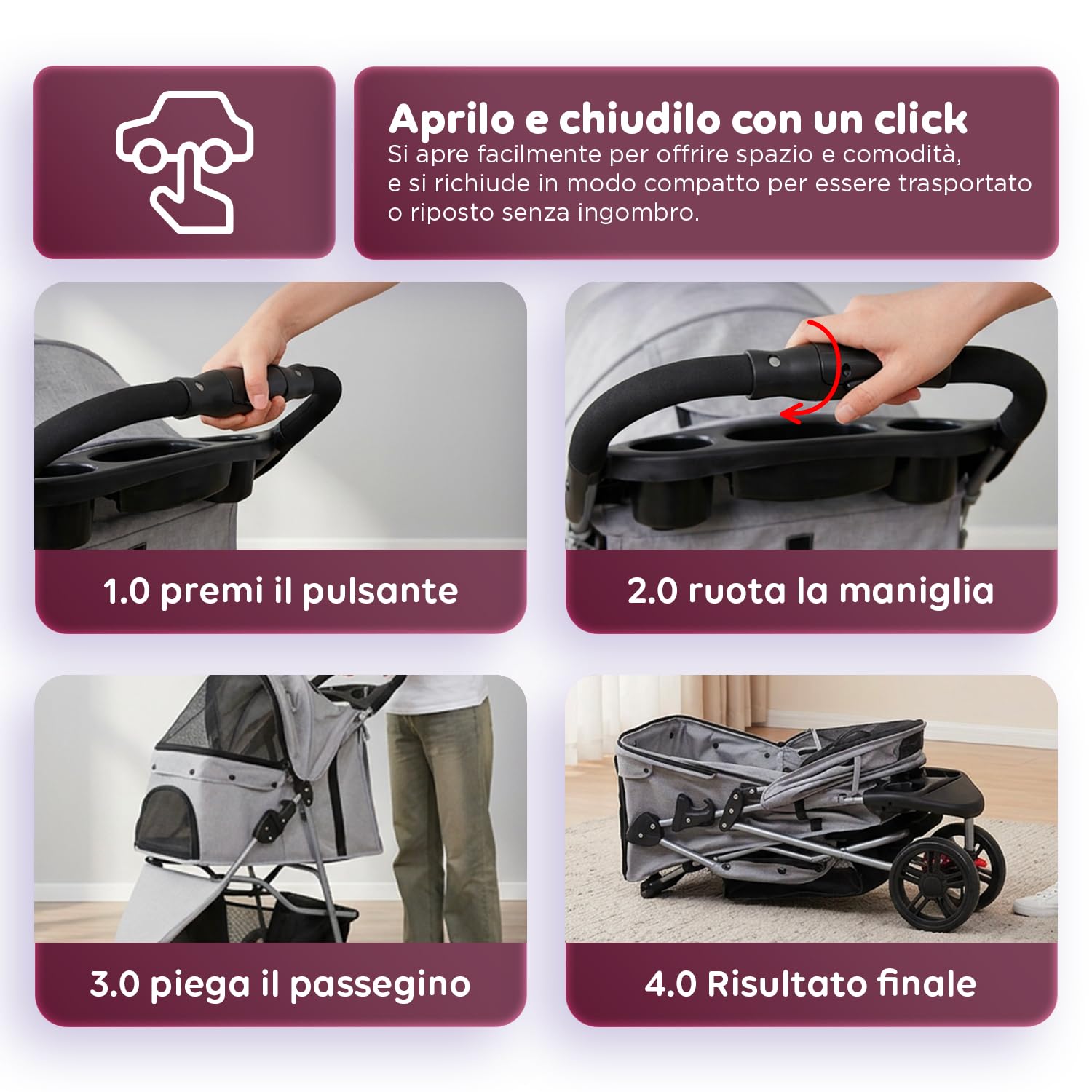 Avilia Passeggino Pieghevole per Cani 15 kg e Gatti con Cabina Panoramica Trasparente, Carrello Grigio in Acciaio e Tessuto Oxford, Portabicchieri e Cestello Portaoggetti, Ruote Scorrevoli