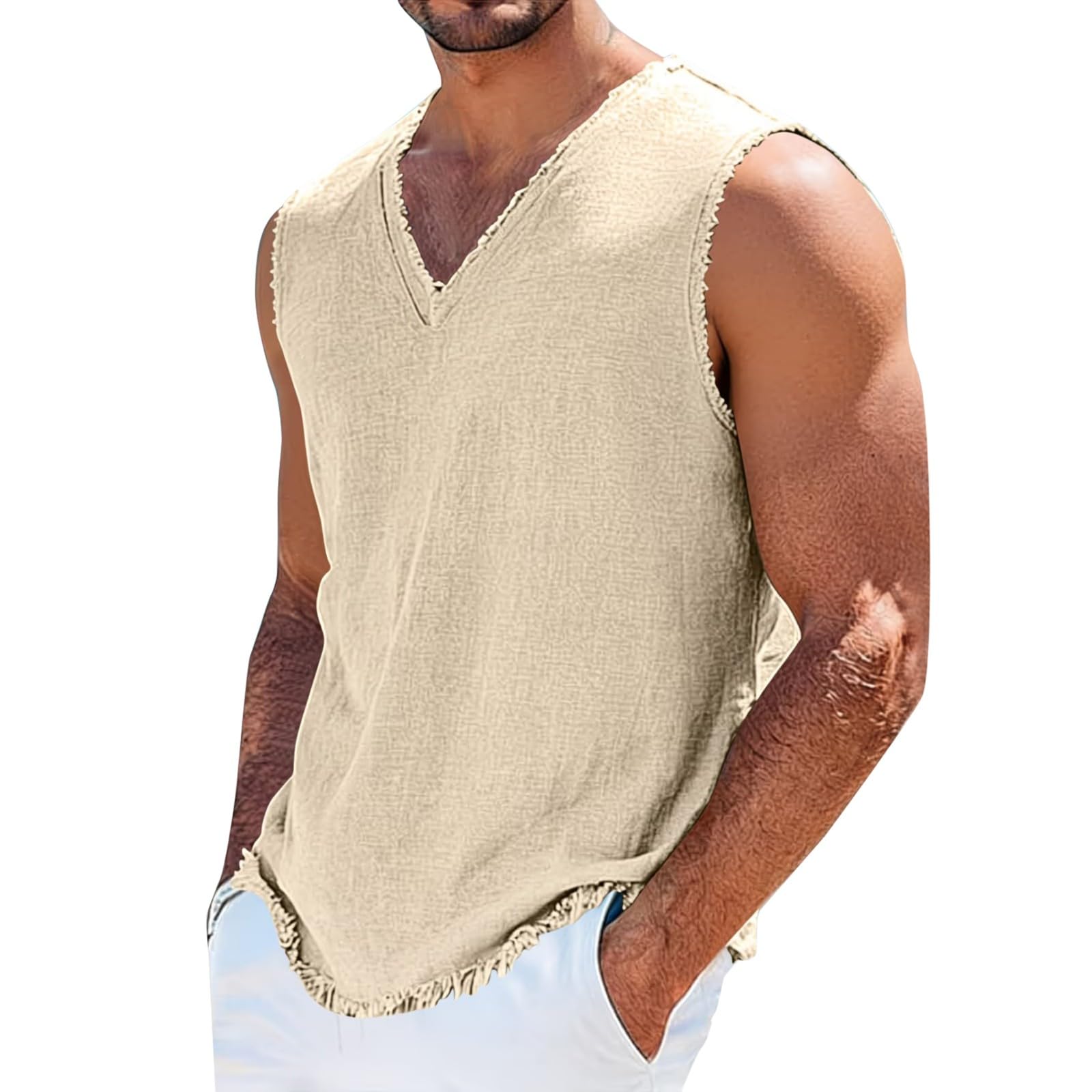 Camiseta de lino para hombre sin mangas cuello en V playa 7