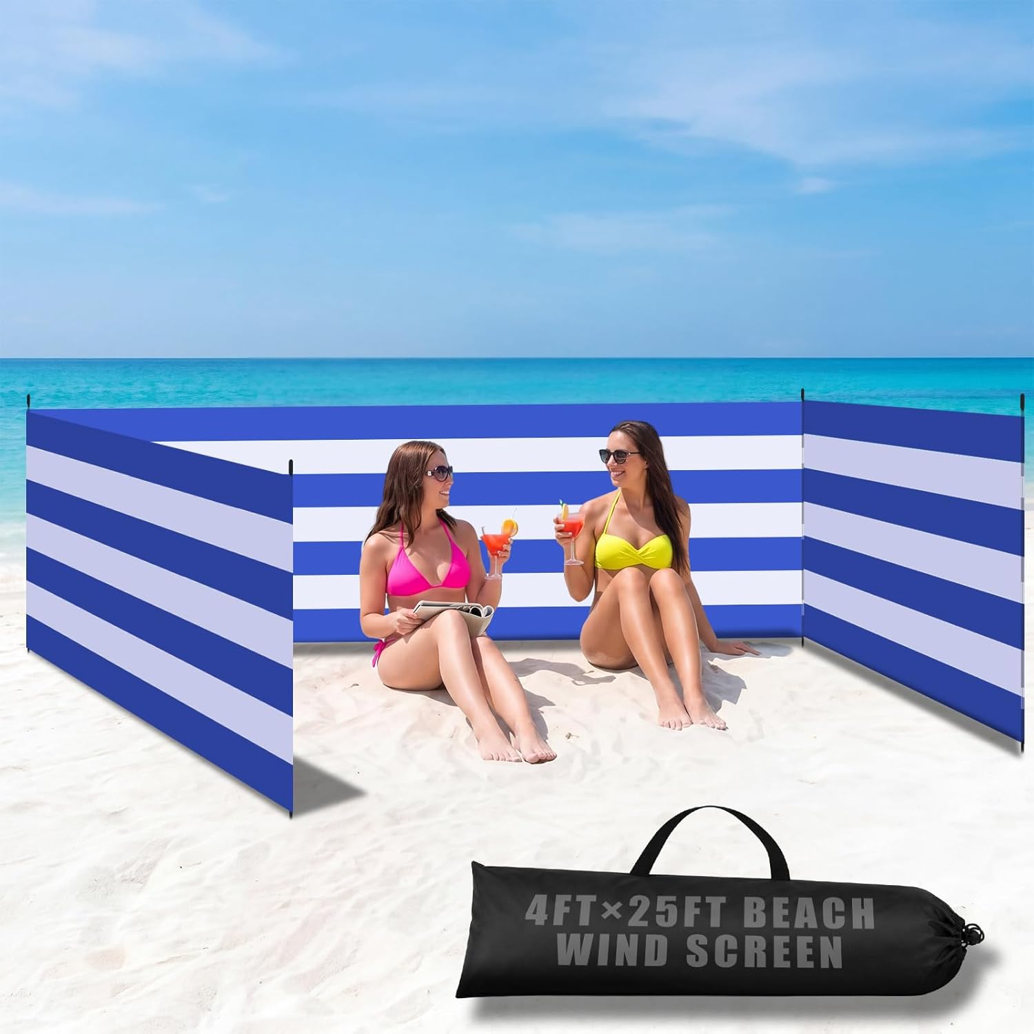 25 x 4 FT Beach Wind Screen Long Blue White Privacy Screen Portable Beach Wind Fence Blocker with 5 Foldable Metal Poles and Carry Bag for Summer Outdoor Sand Protection