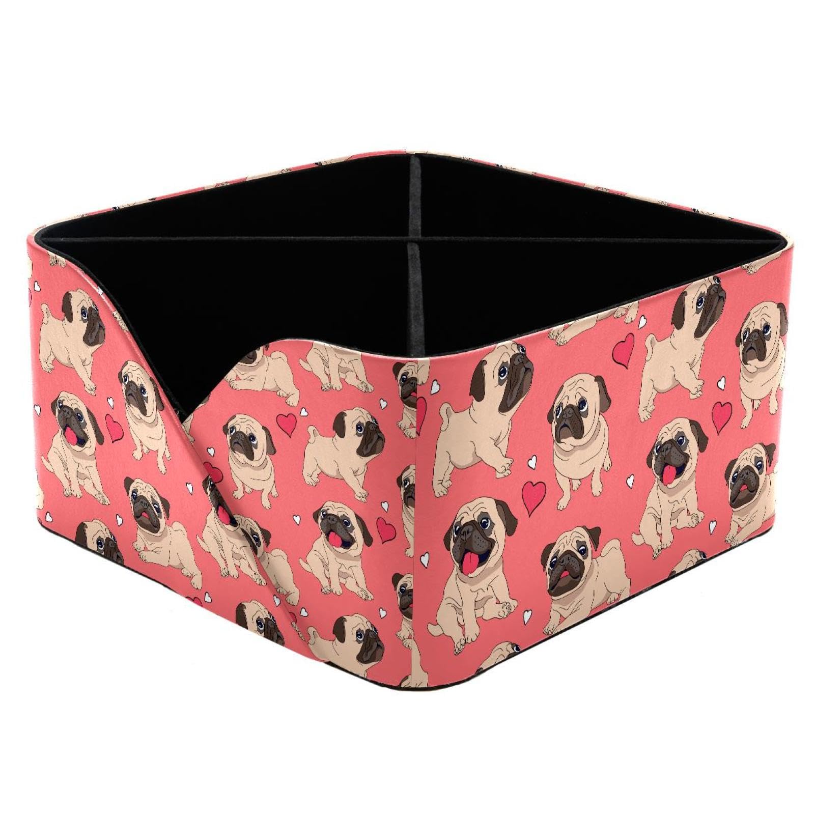 KengjuTesu Cartoon Pugs Puppies Love Heart Pink Pattern Desktop Organizer Pen Holder, Rectangular Pencil Cup for Office, Study and Makeup Stations