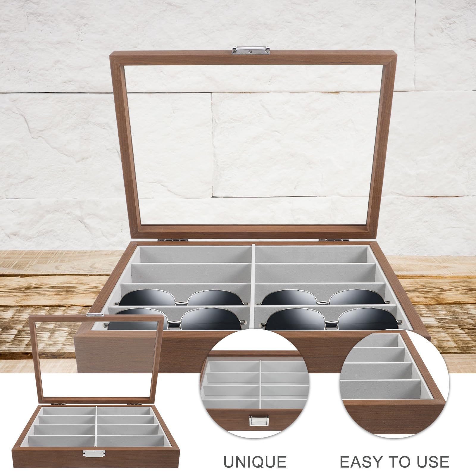 VILLCASE Scatola Porta Occhiali Contenitore Occhiali Trasparenti in Legno 8 Scomparti e Feltro Interno e Protezione Antigraffio per Vacanze Estive da Scrivania
