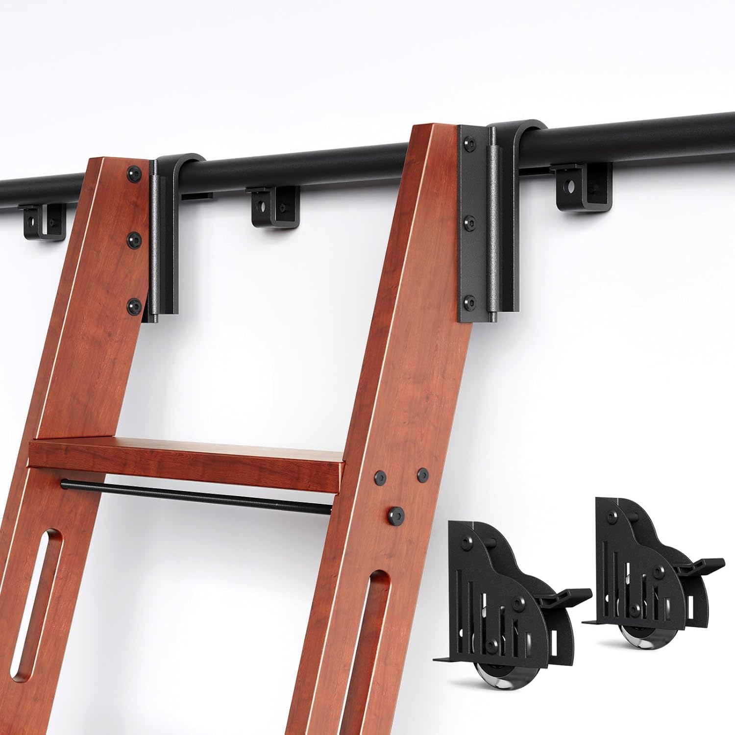 CEAKIAN 6.66FT Rolling Library Ladder Hardware Kit - 350lb Aluminum Track, Telescopic Hook & Brake Wheels for Bookcase Loft Attic (No Ladder)