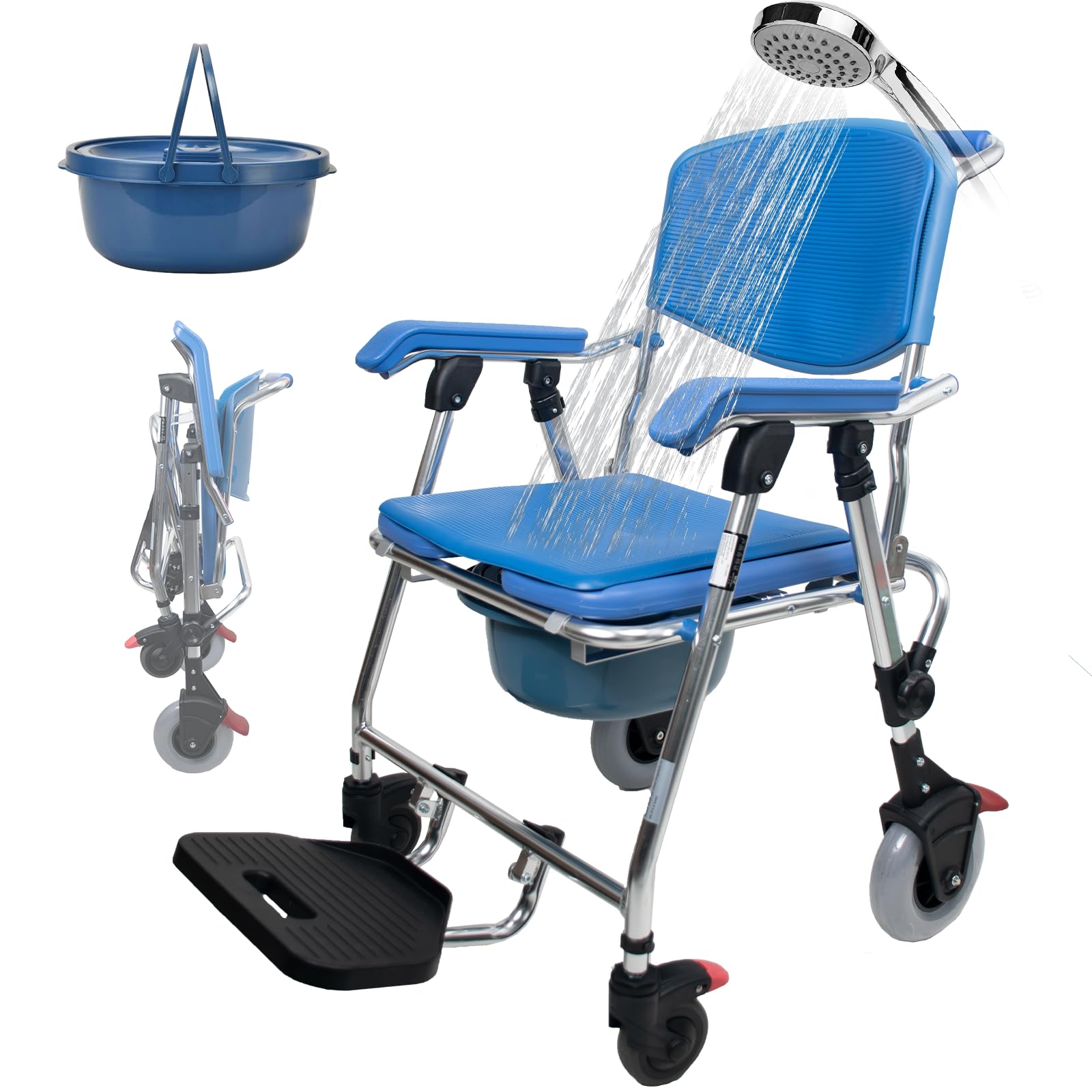 Sedia Comoda Pieghevole WC per Anziani con Rotelle, Blu Sedia a Rotelle con WC per Anziani Pieghevole, 3-in-1 Sedia Doccia Disabili con Ruote Impermeabile, 150kg