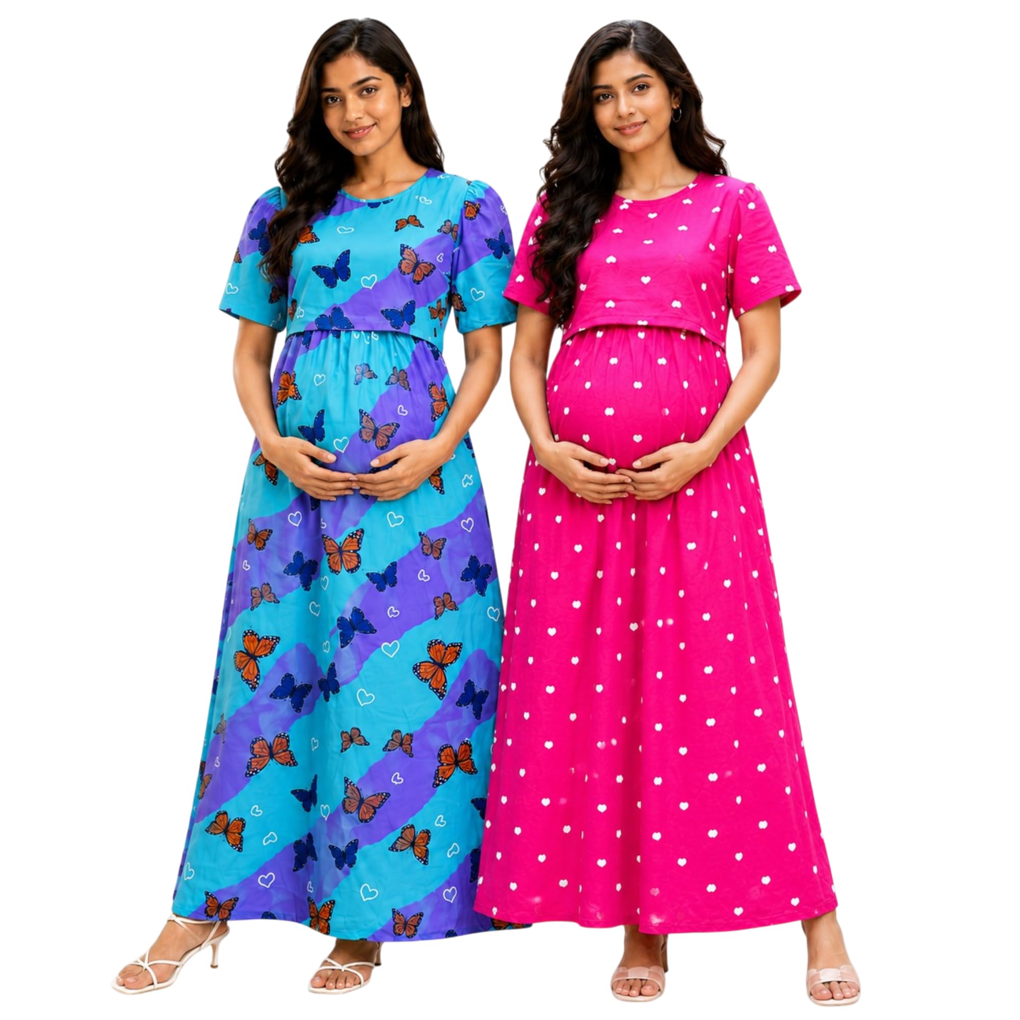 RENIS.Store Women's 100% Cotton Zipless Feeding Maternity Nighty Pack of 2 | Pull Up Nursing Night Dress, Feeding Wear Back Tie with Side Pocket | Sky Blue & Pink Color | Size - L-image-23