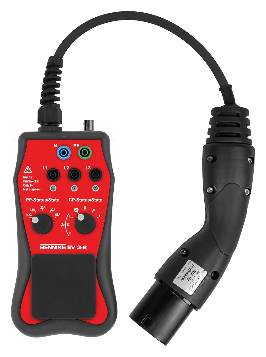 Front view of the BENNING EV 3-2 Measuring Adapter with controls and indicators