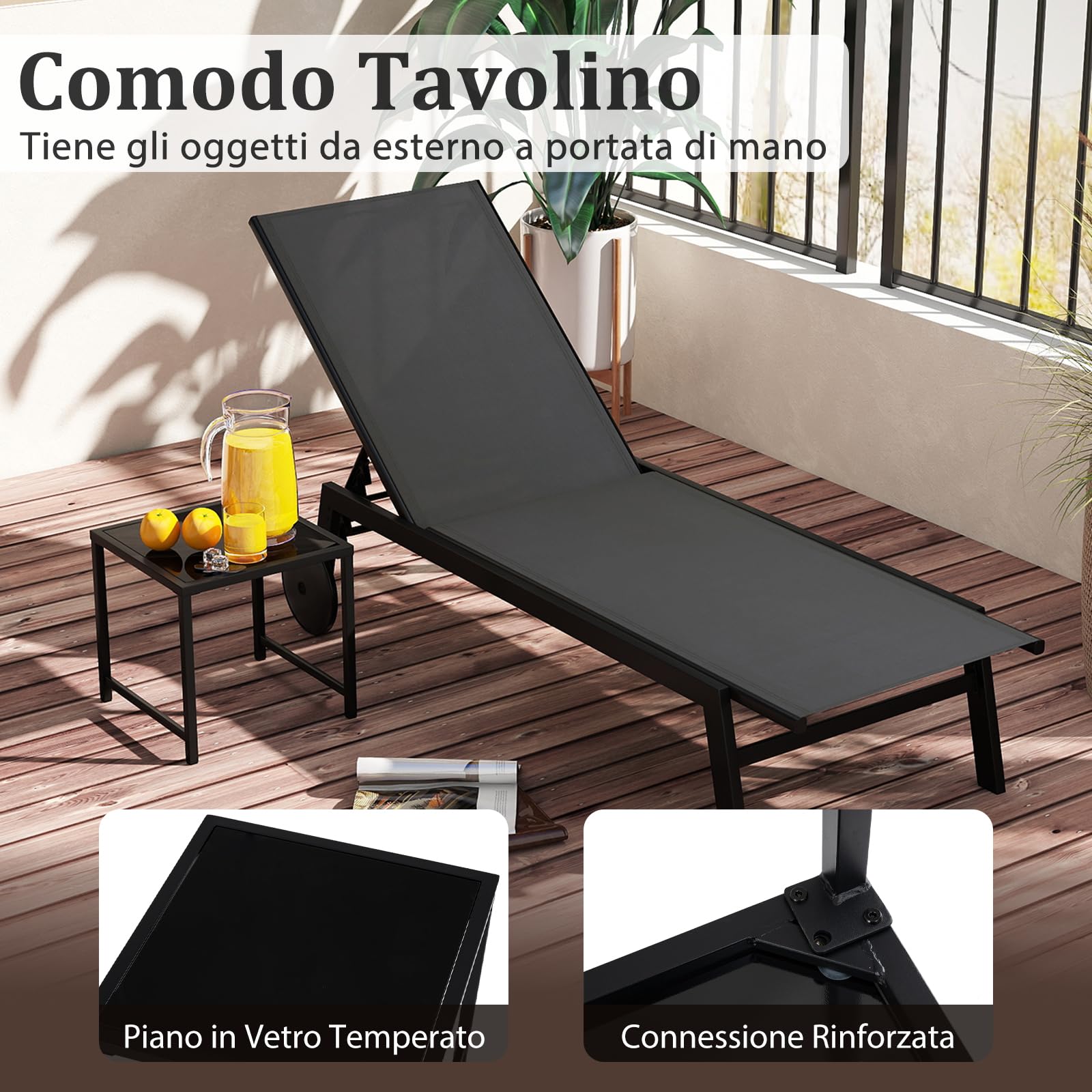 COSTWAY Lettino Prendisole da Giardino con Tavolino, Schienale Rgolabile 5 Livelli, 2 Ruoti, Sdraio da Patio in Tessuto Traspirante, per Piscina Terazza, Portata 150+50 kg (Grigio)