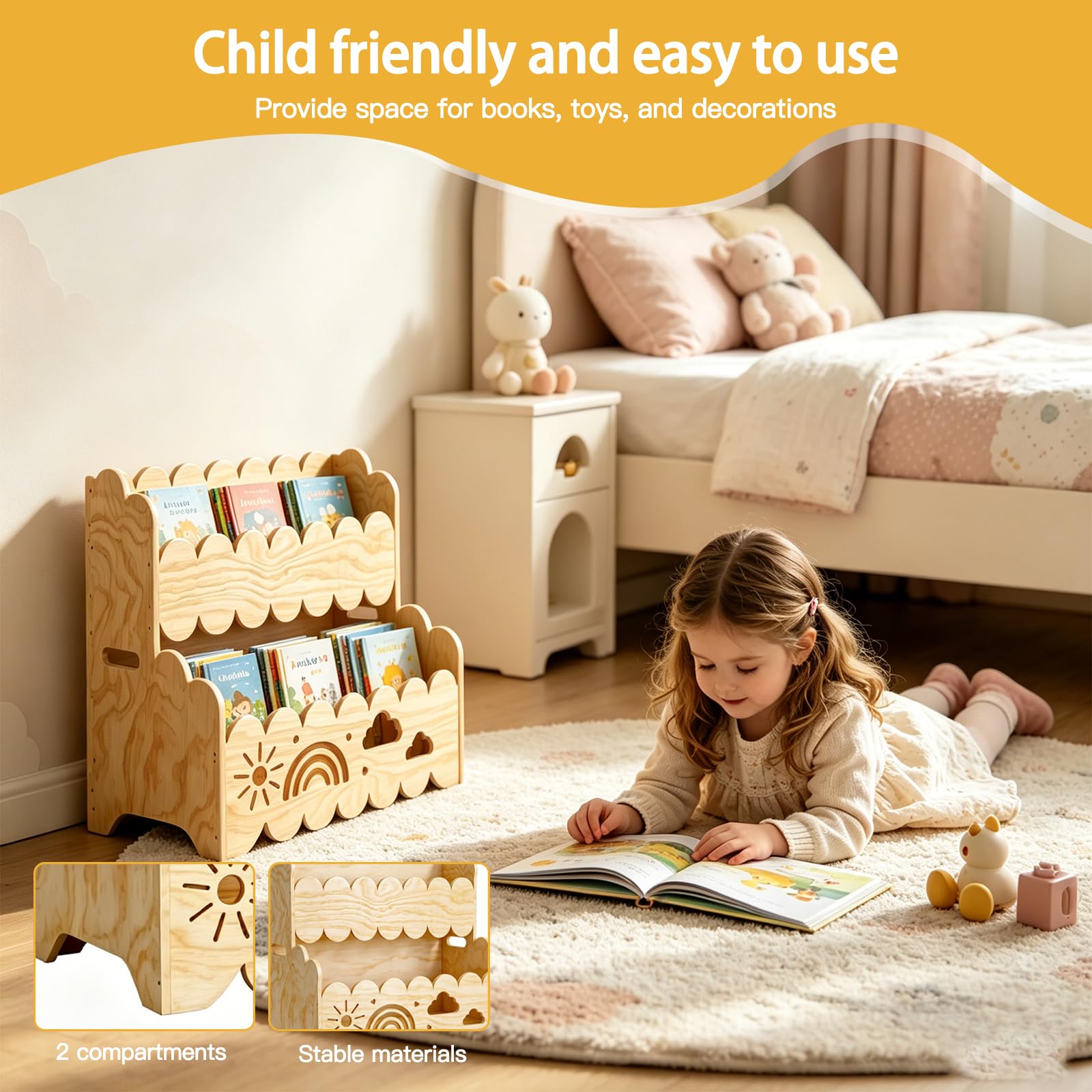 Montessori Libreria per bambini in legno, a 2 livelli, per bambini, organizer per giocattoli, cameretta dei bambini, libreria per bambini