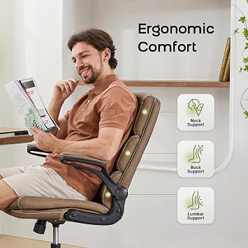 LukkDys Executive Office Chair with Flip-Up Armrests, 3-Stage Lumbar Support, Ergonomic Mid Back PU Leather Swivel Chair, Comfy Desk Chair with Tilt & Wheels, Height Adjustable for Home Office, Tan