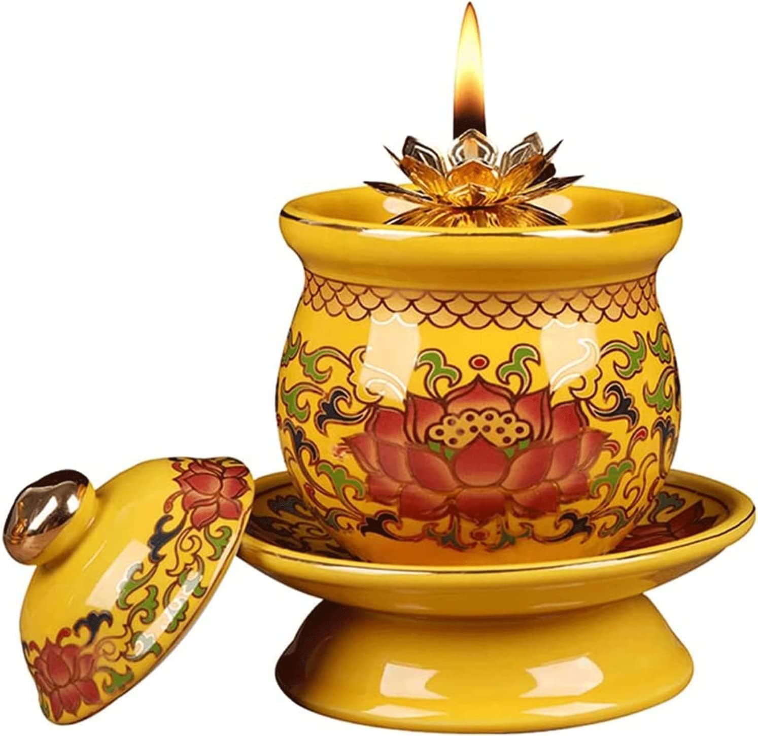 Buddha Oil Lamp Yellow Lotus Ghee Lamp Home Retro Kerosene Oil Lamp Indoor Hurricane Lamp Home Lighting Camping Lamp