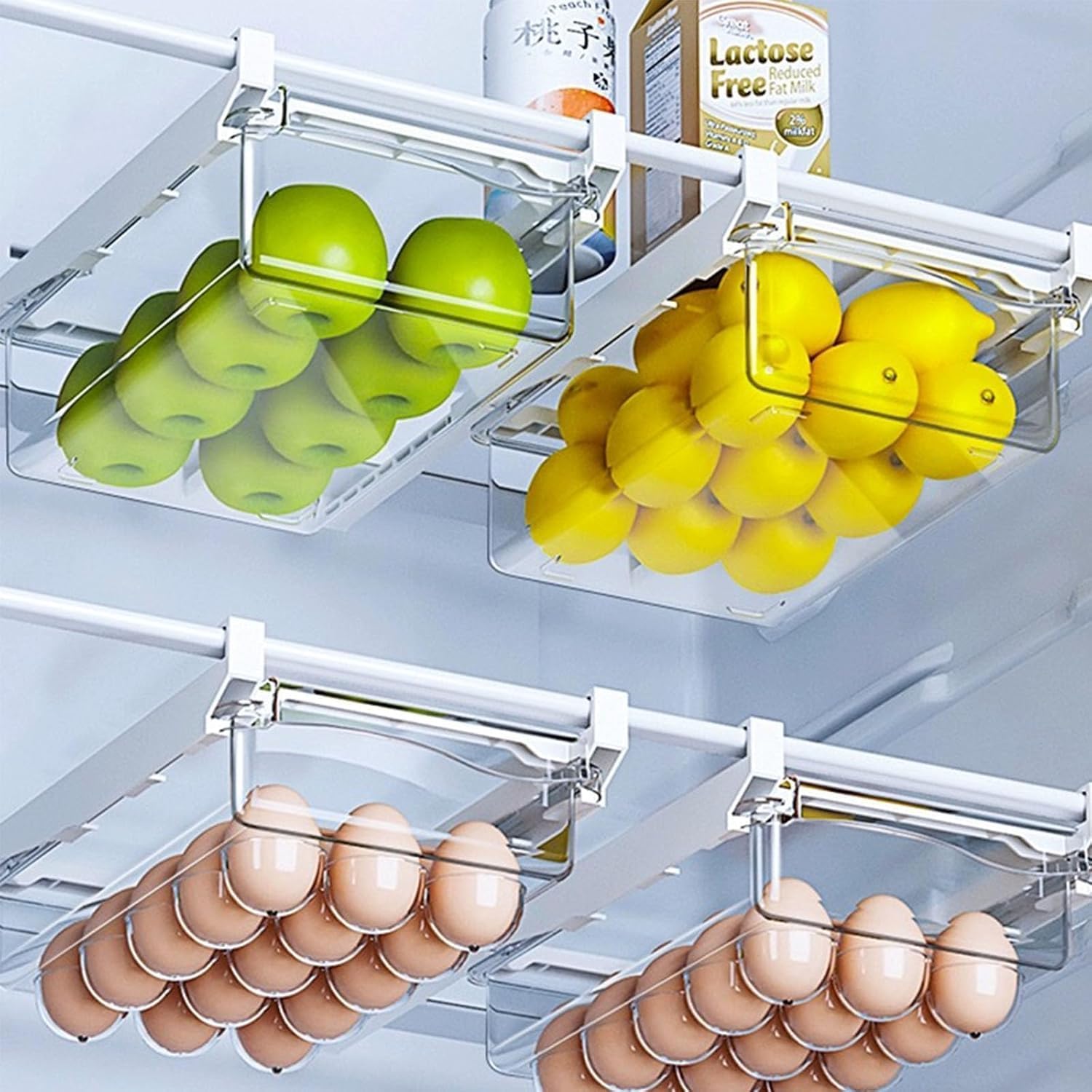 2er-Pack Kühlschrank-Organizer Schublade – Herausziehbares Regal als Fridge Organizer für Eier, Gemüse, passend für Kühlschrankregale unter 1,5 cm und 30-45 cm Glasplatten (Nicht spülmaschinenfest)