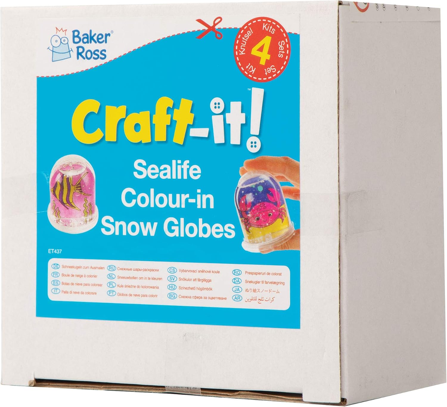 Baker Ross ET437 Sealife Color in Snow Globes Box of 4, Creative Art and Craft Supplies for Kids to Make, Assorted