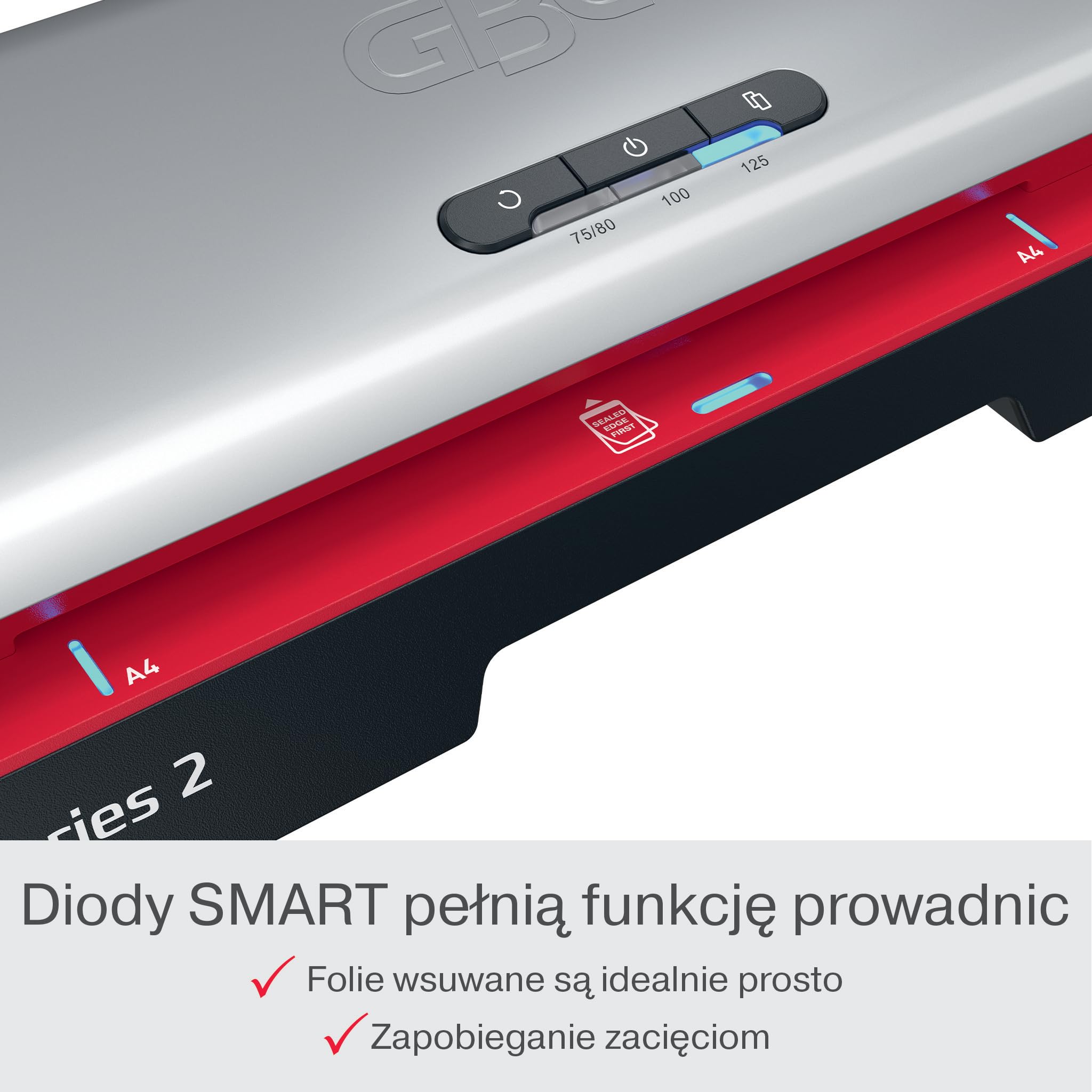 GBC 250 Office Laminator A4 – Nagrzewanie w 1 minutę, 75–125 mikronów, diody LED prowadzące, funkcja przeciw zacięciom, auto wyłączanie, zawiera 5x folii A4, czarno-czerwony, 4410070EU