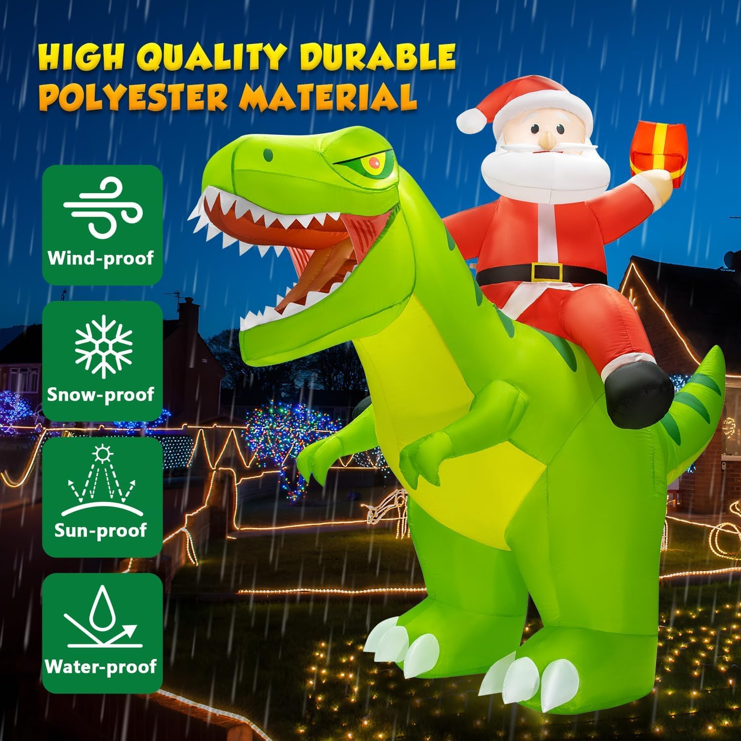 9x8FT Christmas Inflatables Decoration Outdoor Santa Riding Giant Dinosaur Christmas Blow Up Yard Decoration Blowups Dino Built-in LED Lights for Holiday Party Xmas New Year