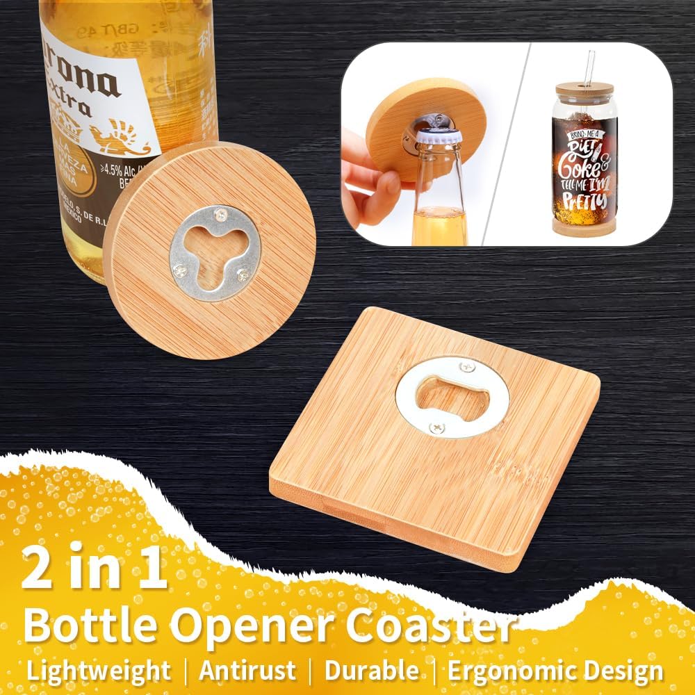PYD Life 12 Pack 2 in 1 Sublimation Bamboo Bottle Opener Coaster Blanks,3" Round Wooden Stainless Steel Table Opener Mug Cup Coasters,Custom Personalized Beer Openers for Kitchen,Bar,Restaurant