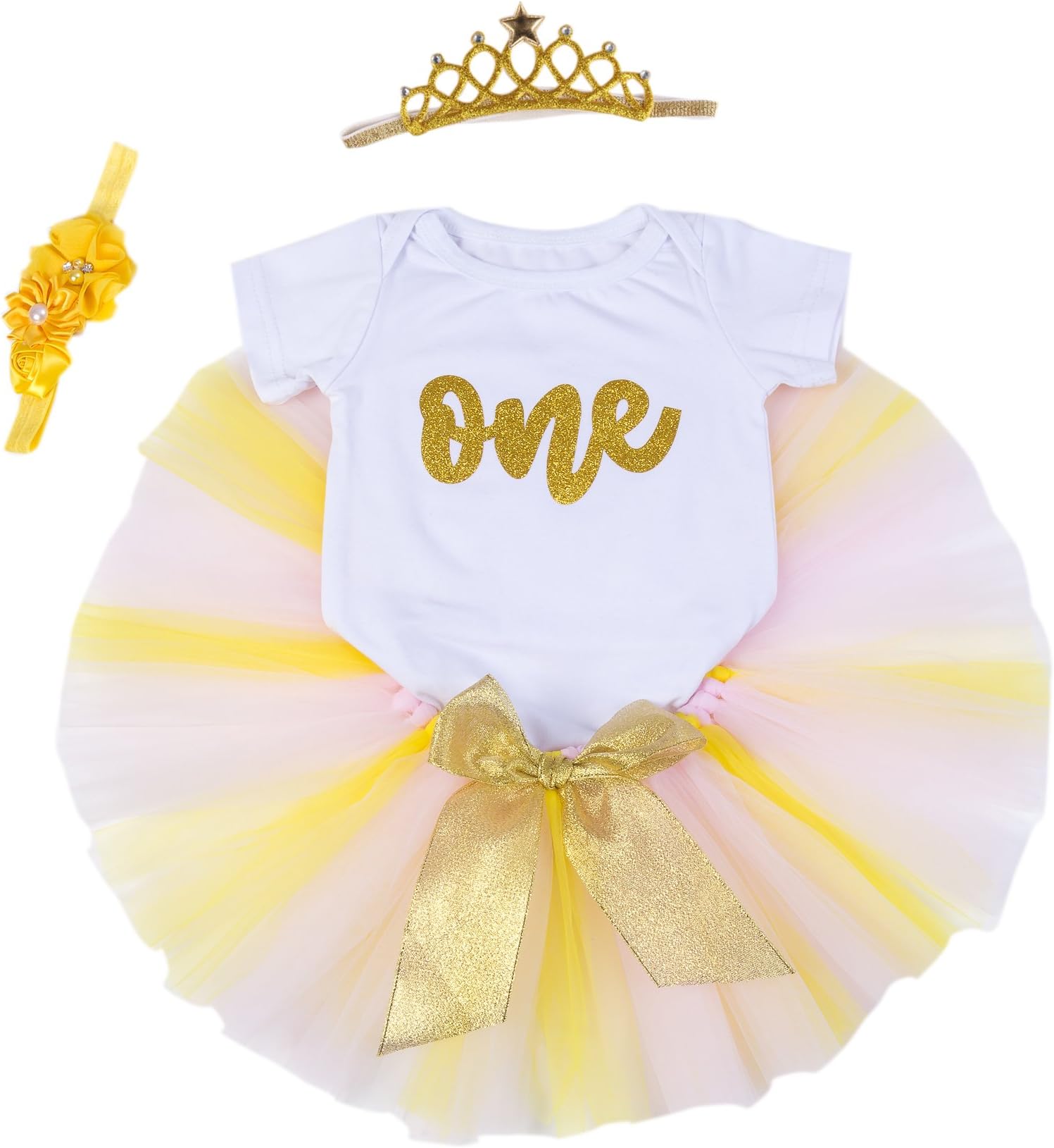 Baby Girls 1st Birthday Bling One Romper Tutu Skirt Flower Crown Headband