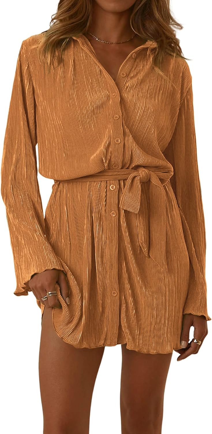 LYANER Women's Collar V Neck Button Down Pleated Long Sleeve Mini Shirt Dress with Belt