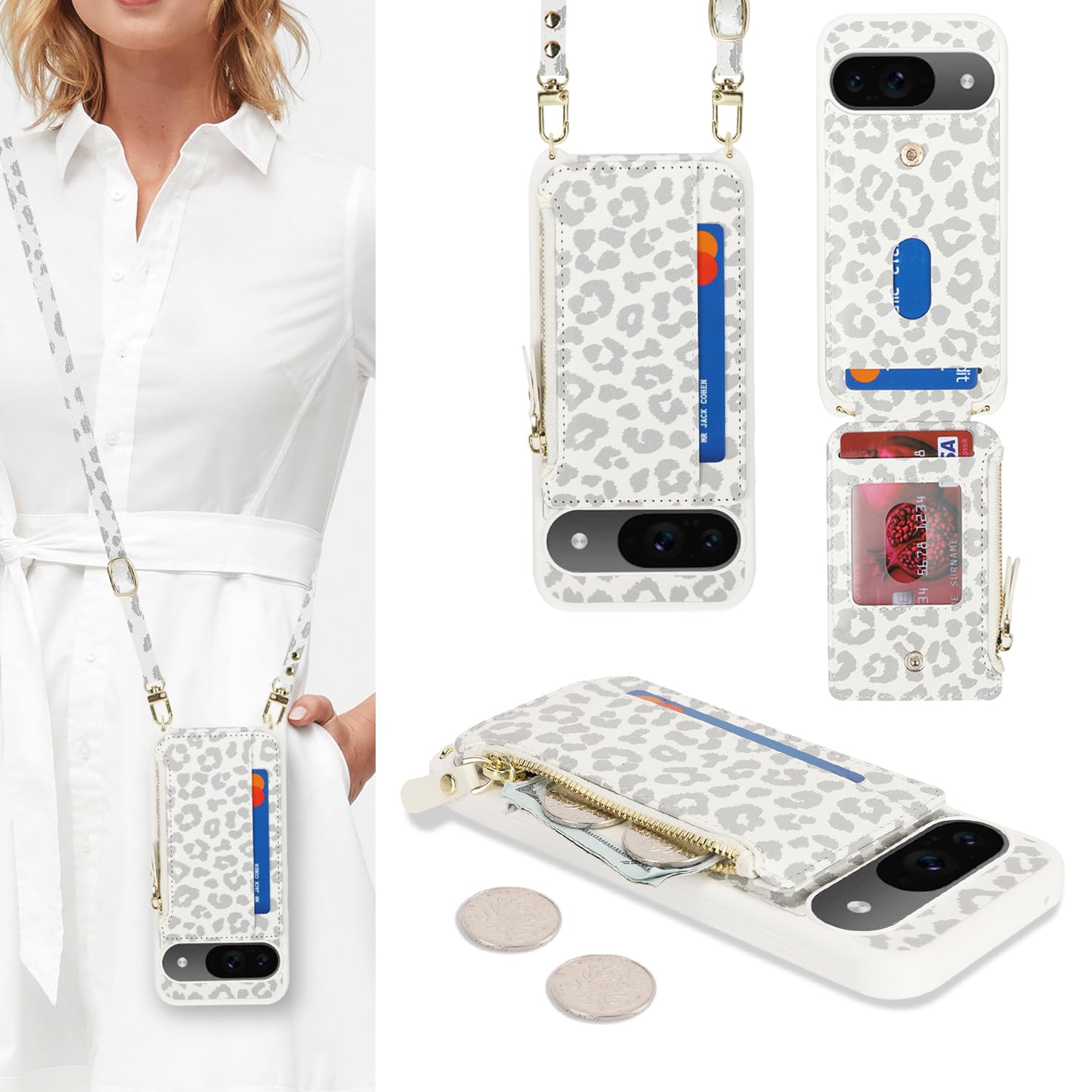 Cavor Compatible with Google Pixel 9 / Pixel 9 Pro Case Wallet, Pixel 9 Crossbody Phone Case with Strap, Wallet Cover for Women,Leather Zipper Pocket