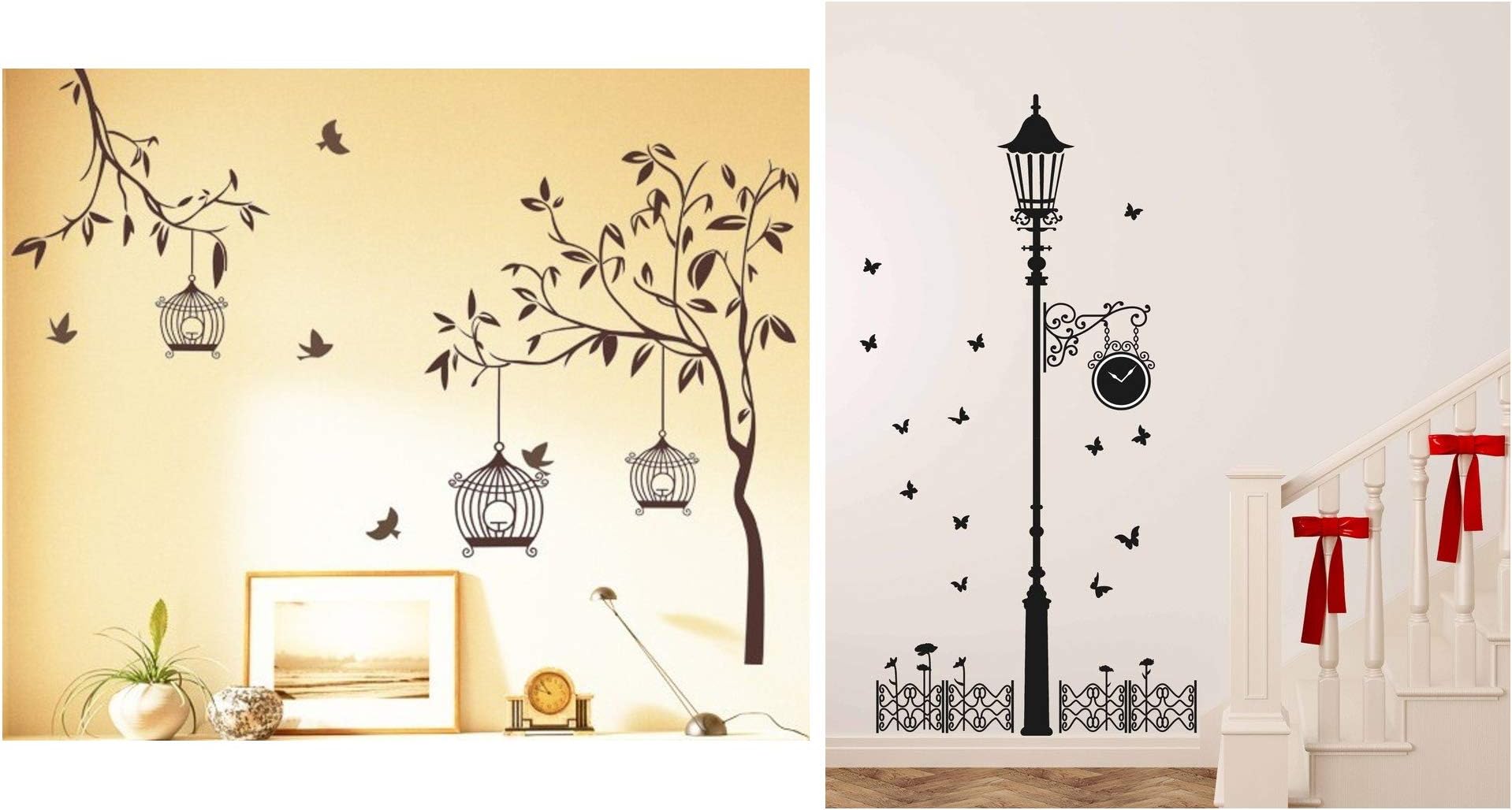 Decals Design 'Tree with Birds and Cages' Wall Sticker (PVC Vinyl, 30 cm x 90 cm, Brown) & 'Black Antique Street Lamp with Butterflies' Wall Sticker (PVC Vinyl, 60 cm x 90 cm x Combo