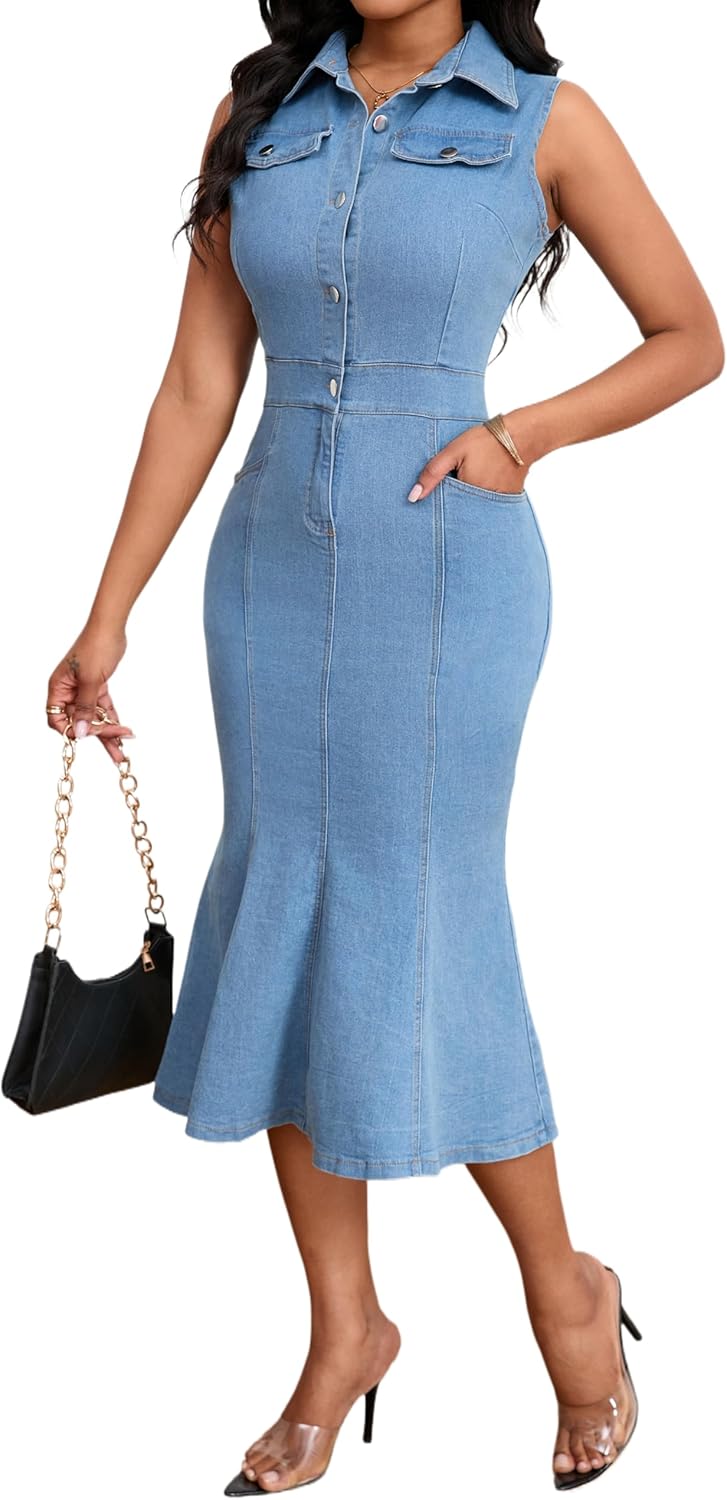 SeNight Women's Denim Dress Sexy V Neck Bodycon Mini Dresses - Image 4