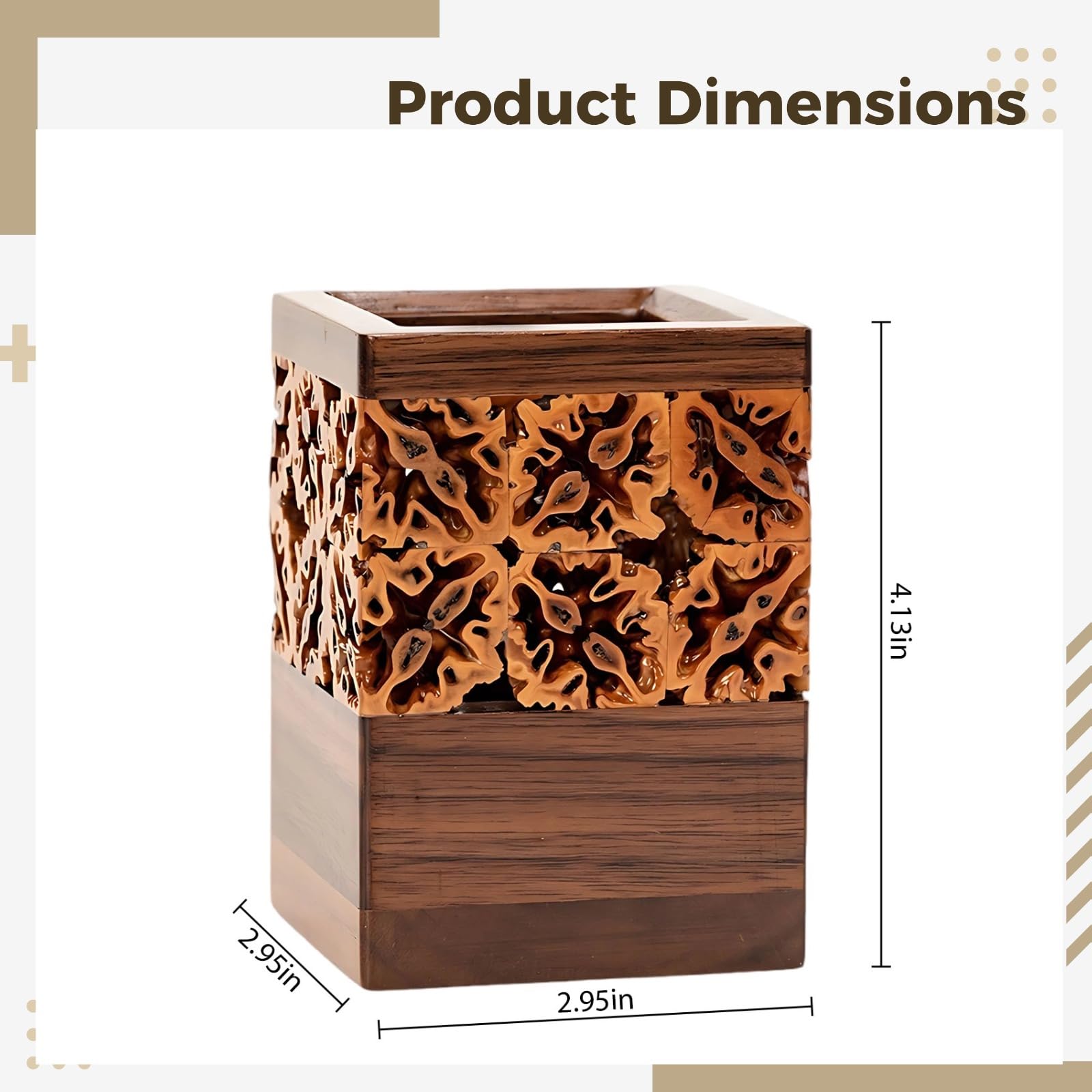 Portalápices de madera de nogal, caja de almacenamiento de ceremonia de té ahuecada estilo chino, organizador de escritorio vintage para el hogar escolar, diseño cuadrado estable, 3 x 3 x 4.1 in / 7,5
