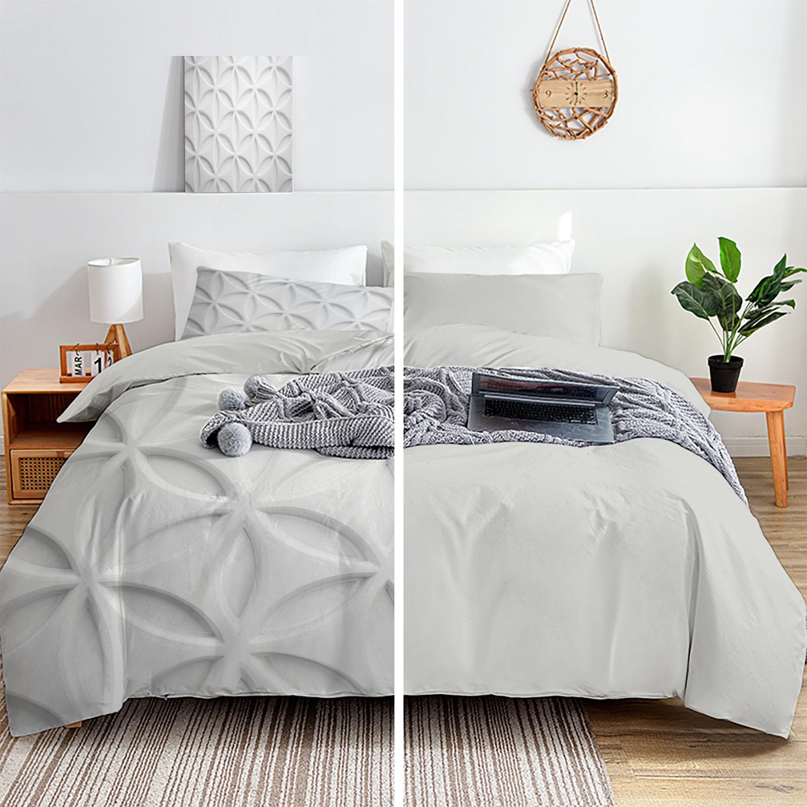 Copripiumino Matrimoniale Moderno Geometria,Set di Biancheria da Letto Effetto Rilievo Visivo Astratto Petali Foglie,Copri Piumino 200x200cm con 2 Federe 50x75 cm,Microfibra Morbida Lavabile,Bianco