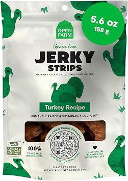 Open Farm Jerky Strips, Chewy Dog Treats, Turkey, 5.6oz Pouch
