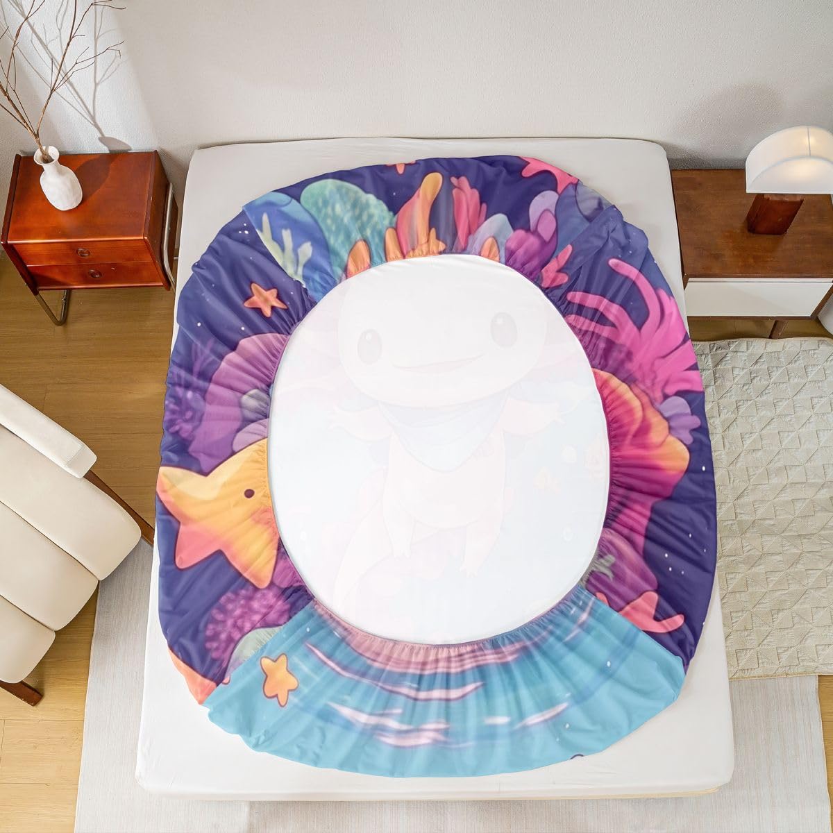 Erosebridal Cartoon Axolotl Fitted Sheet Full Size Cute Salamander Bed Sheets Kawaii Ocean Animal Bedding Set for Kids Boys Girls Women Starfish Marine Life Sheets