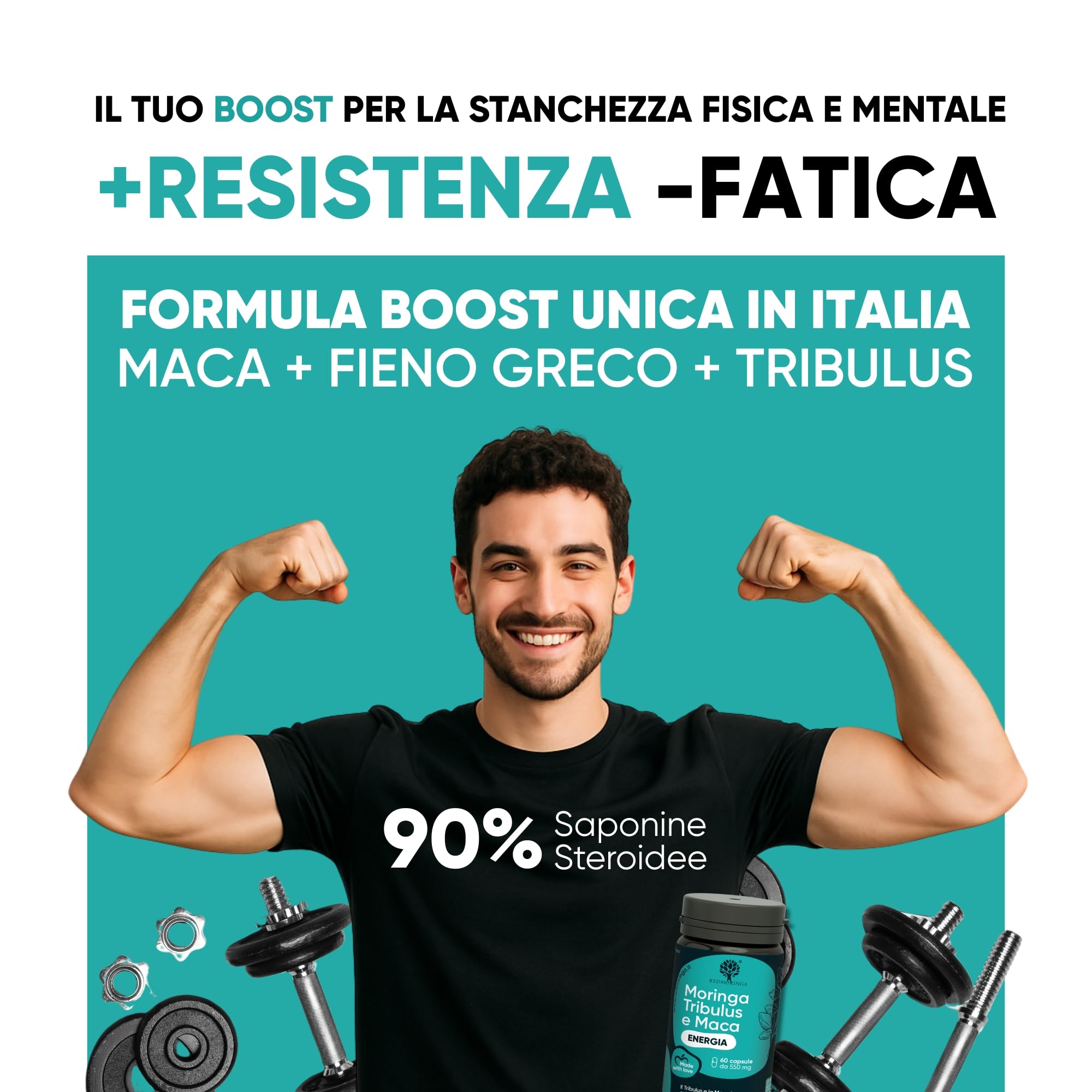 Tribulus Terrestris 90% Saponine Steroidee Maca Fieno Greco | Integratore Energia Booster Moringa BIO | Sostegno Massa Muscolare | Tribulus Alto Dosaggio | 100% Naturale | RedMoringa® (60 Capsule)