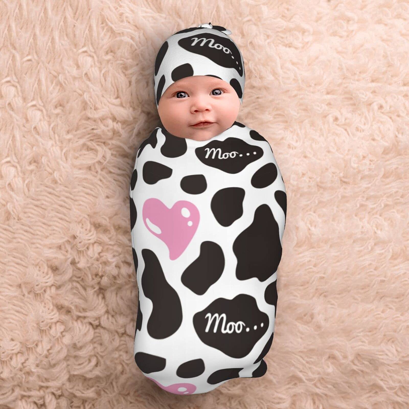 Couverture Emmaillotage Bébé Avec Bonnet - Imprimé Vache Rose 0-6 Mois