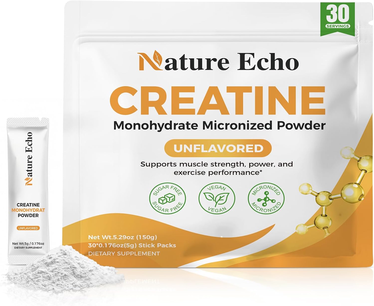 Creatine Monohydrate Micronized Powder - 30 Single-Serve Travel Packs 5g - Clean, Unflavored Creatine for Men & Women to Muscle Growth, Vegan, Gluten-Free, no Sugar