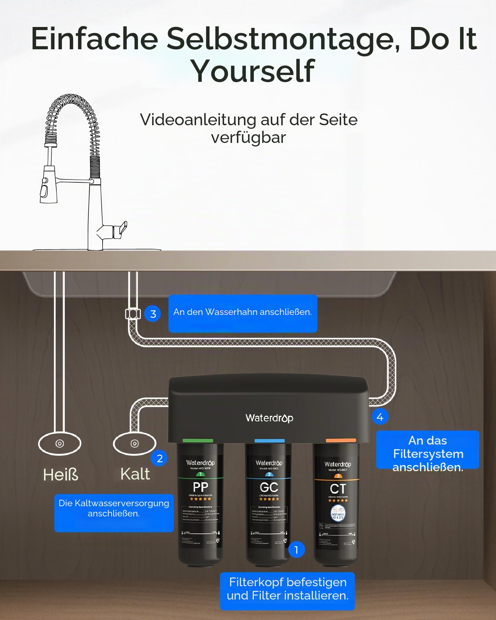 Waterdrop TSA 8-Schicht-Untertisch-Wasserfilter, NSF/ANSI 42 Zertifiziert | 3-stufige 0,5 Mikron Wasserfilter Trinkwasser, NSF/ANSI 42 Zertifiziert, Entfernt 99,99% Blei, Chlor,