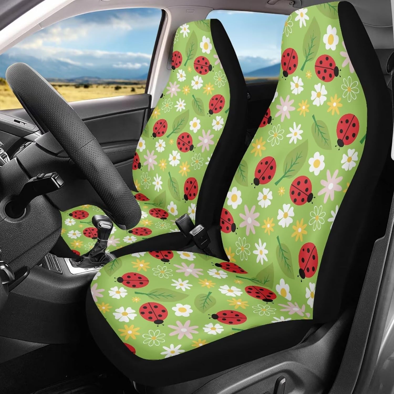 Auto Seat Covers for Women Cute Vehicle Front Bucket Seat Protector,Universal Seat Covers for Cars SUV Trucks, Ladybug Green