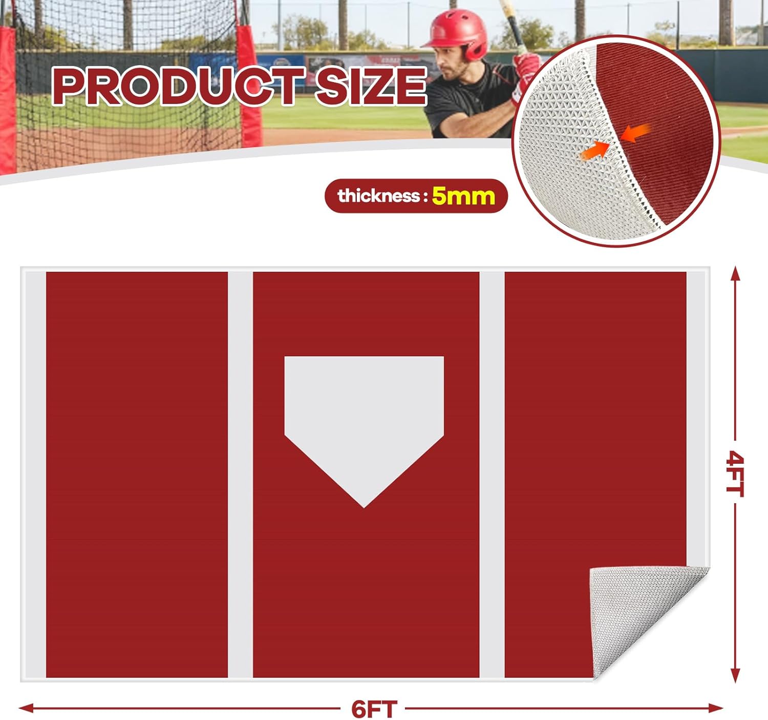 6 x 4 ft Baseball Hitting Mat with Non-Slip Rubber Backing High-Visibility Printed Stripes Cushioned Surface Durable Indoor/Outdoor Batting Mat Portable Batting Stance Practice Mat