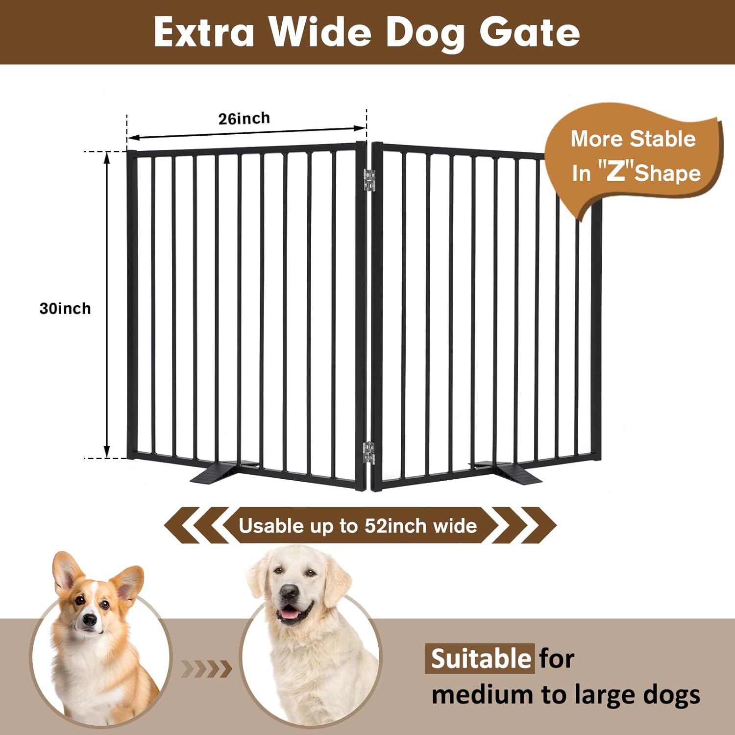 52" Extra Wide Dog Gate Indoor, Heavy Duty Metal Freestanding Dog Gate-Auto Close, Foldable Pet Fence – Anti-Topple Stability Feet for Stairs, Doorways,House,Porch,Deck,Yard(2 Panels,Black)